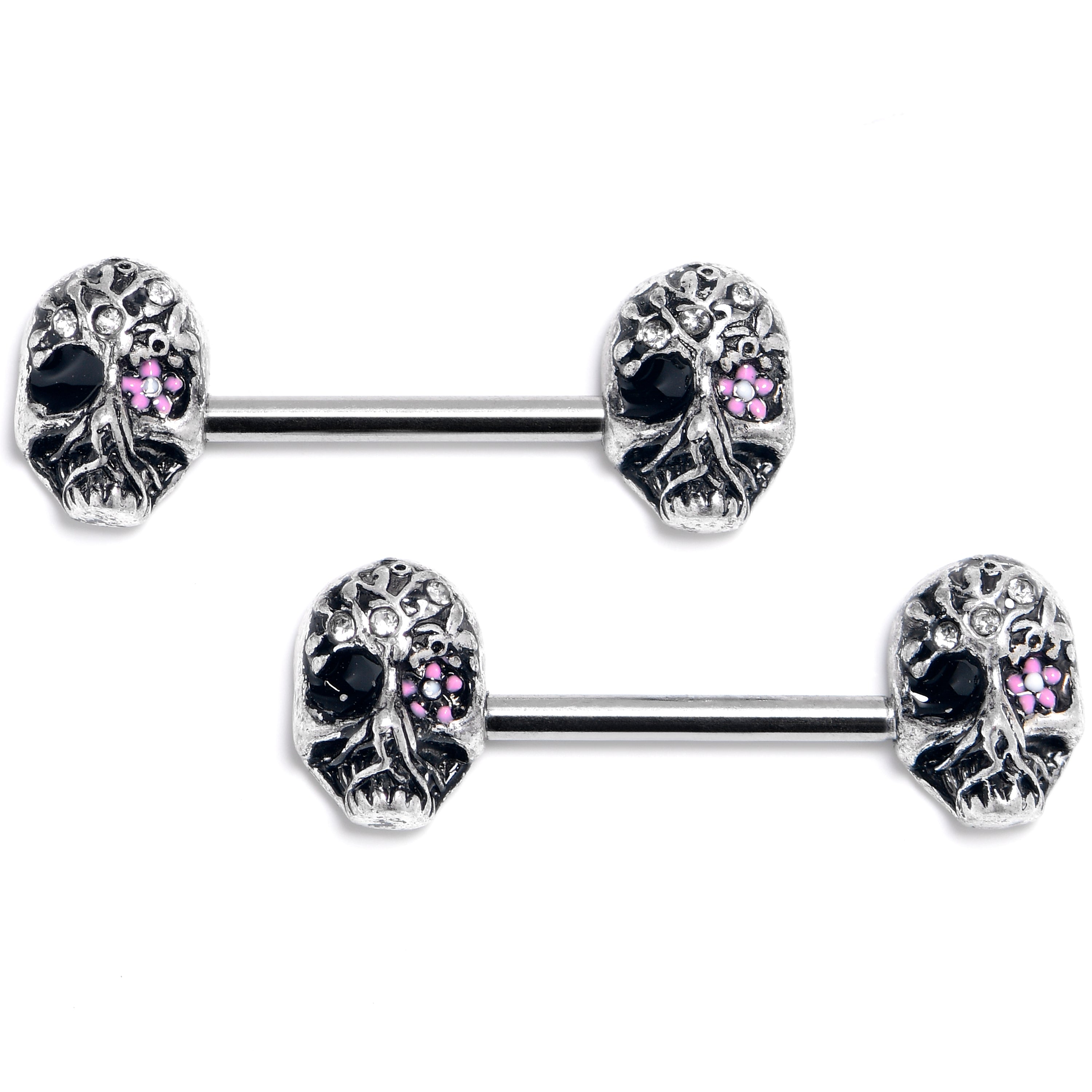 14 Gauge 9/16 Clear Gem Stylish Skull Barbell Nipple Ring Set