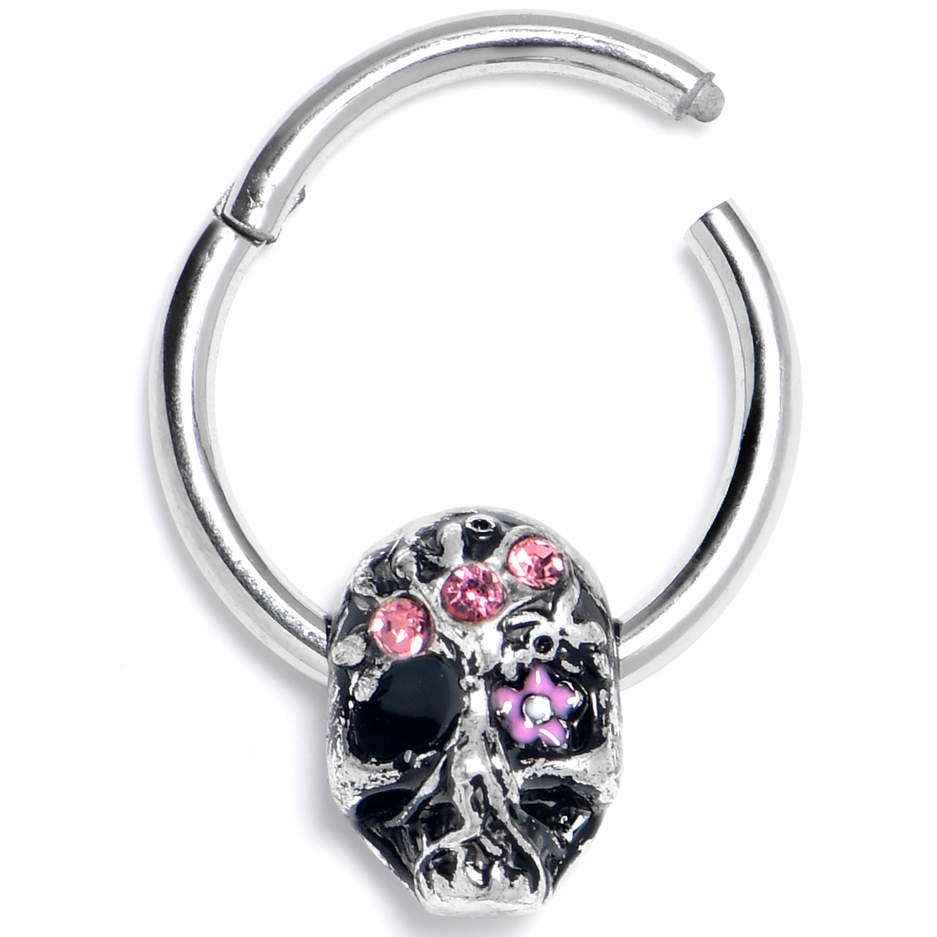 16 Gauge 3/8 Pink Gem Stylish Skull Hinged Segment Ring