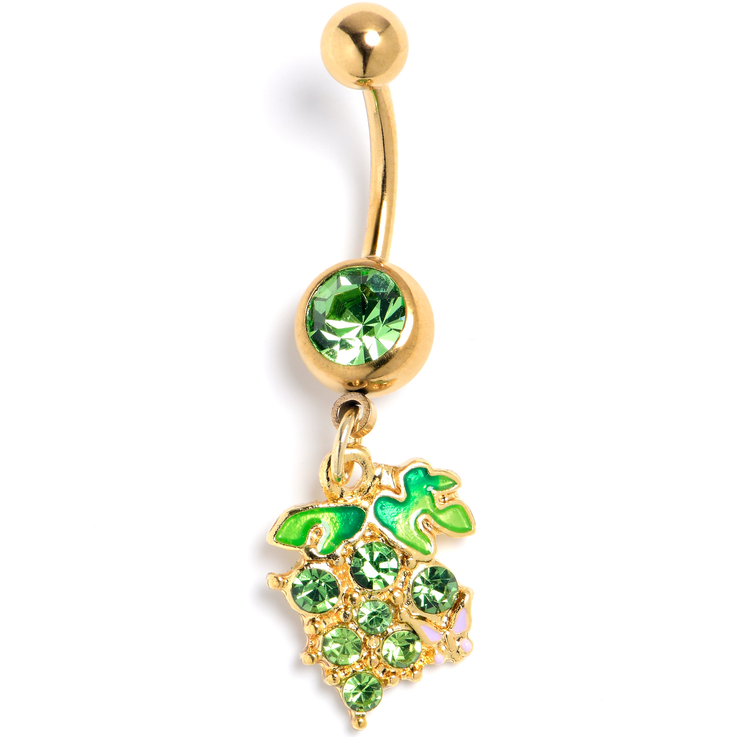 Green Gem Gold Tone Butterfly Grapes Dangle Belly Ring