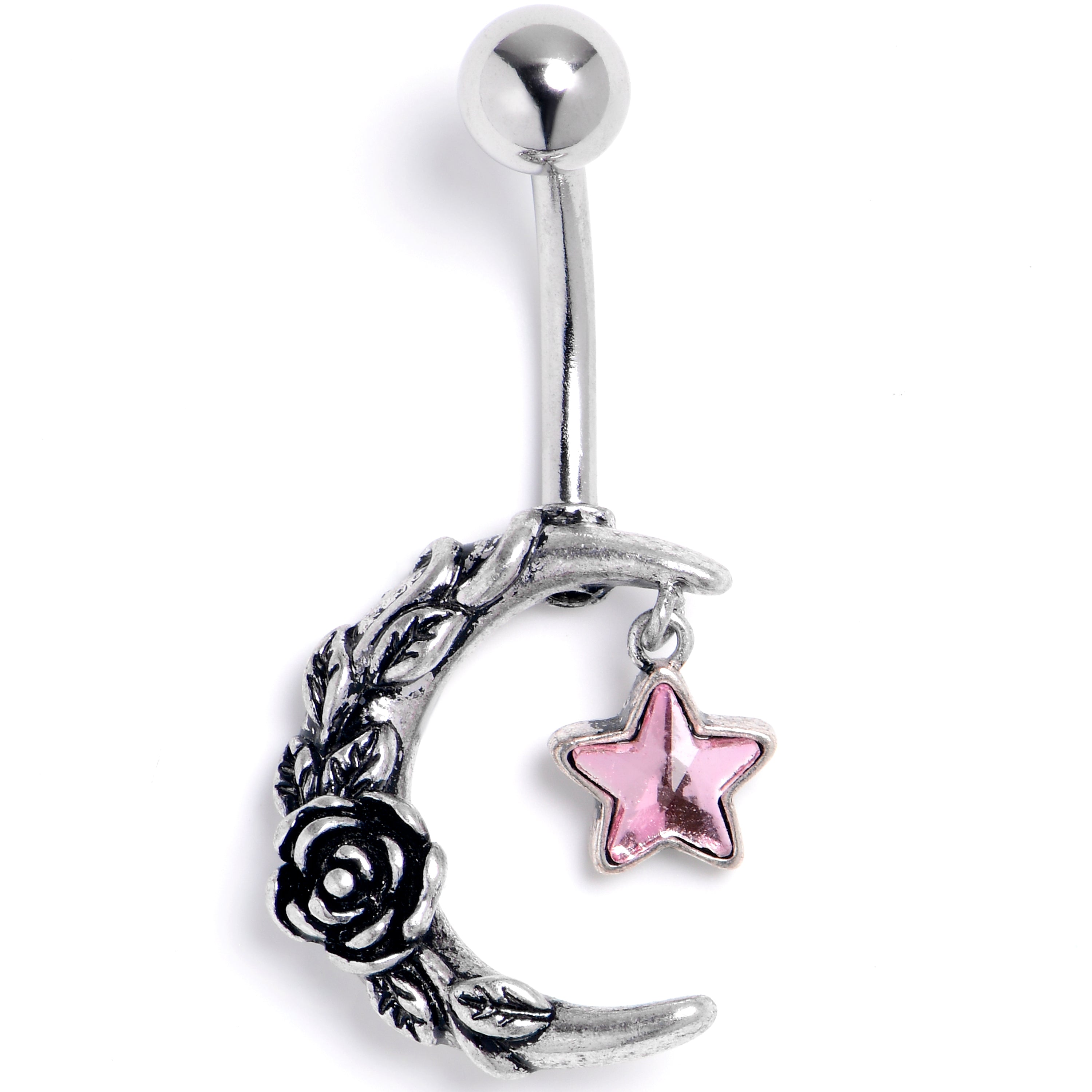 Pink Gem Ornate Moon Star Belly Ring