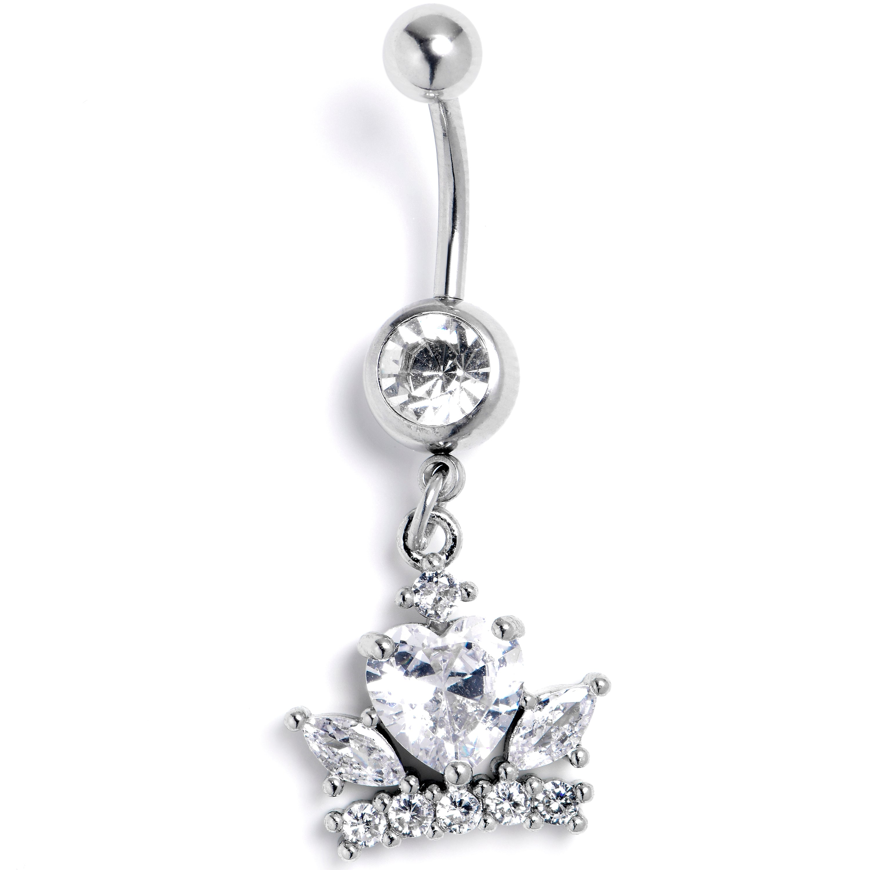 Clear Gem Heart Crown Dangle Belly Ring