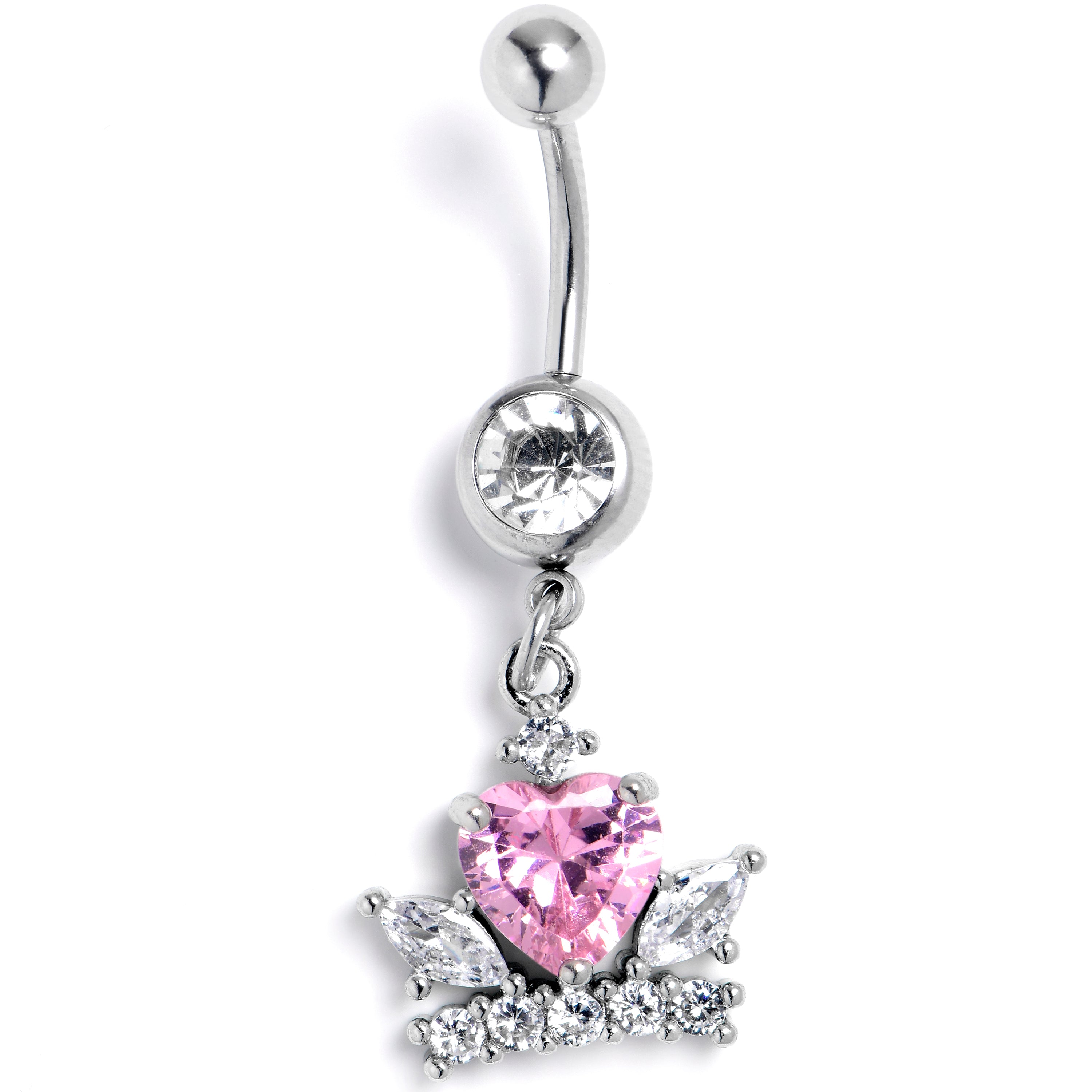 Clear Pink Gem Crown Heart Dangle Belly Ring