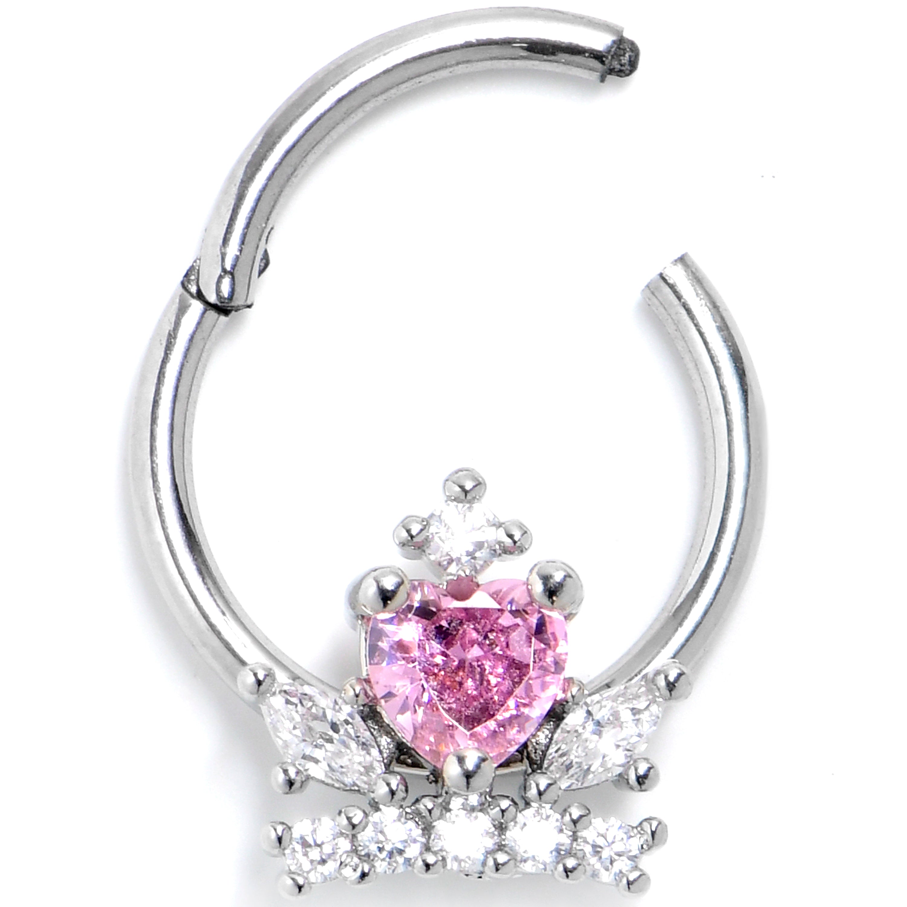 16 Gauge 3/8 Pink Clear CZ Gem Crown Heart Hinged Segment Ring