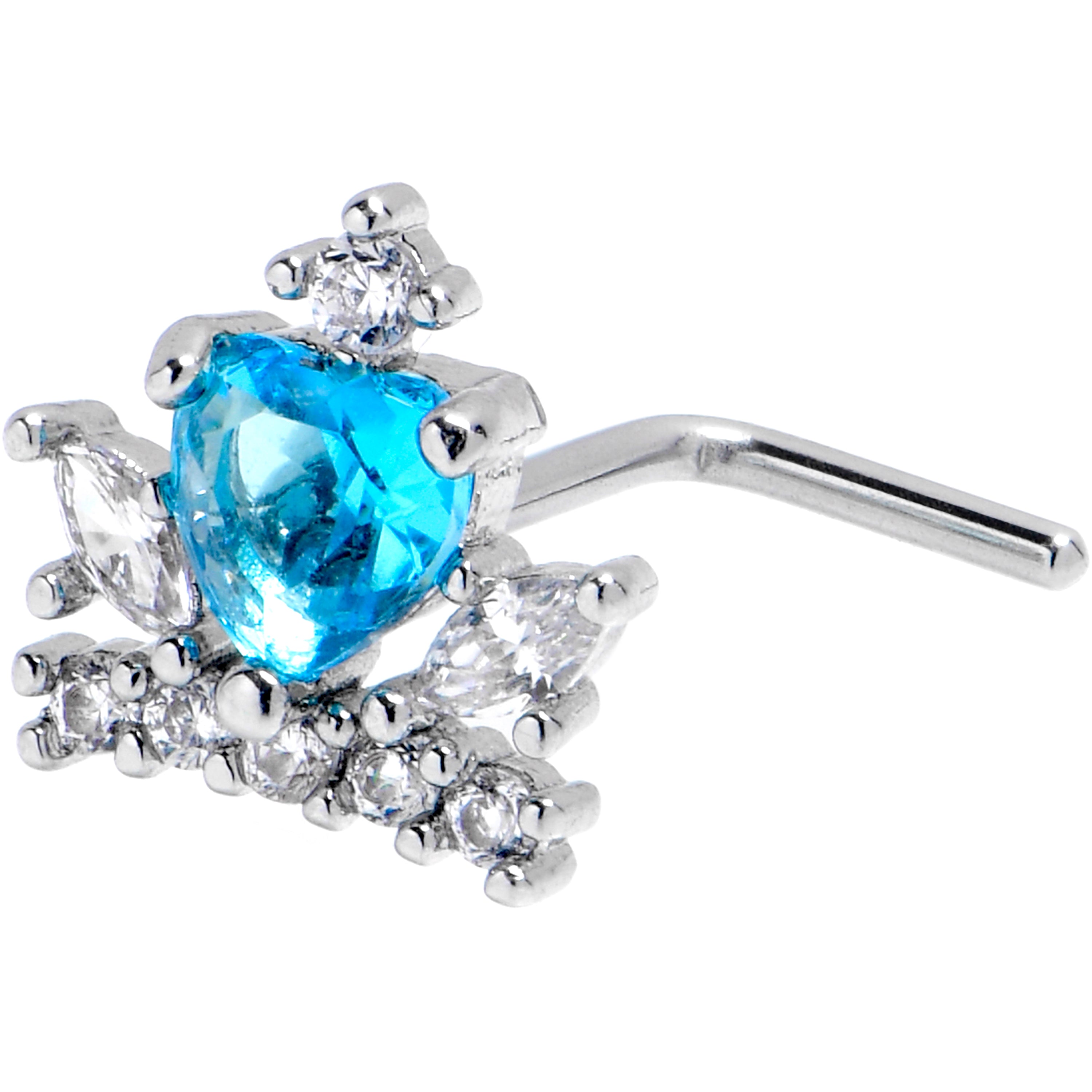 20 Gauge 7mm Clear Blue CZ Gem Crown Heart L Shape Nose Ring