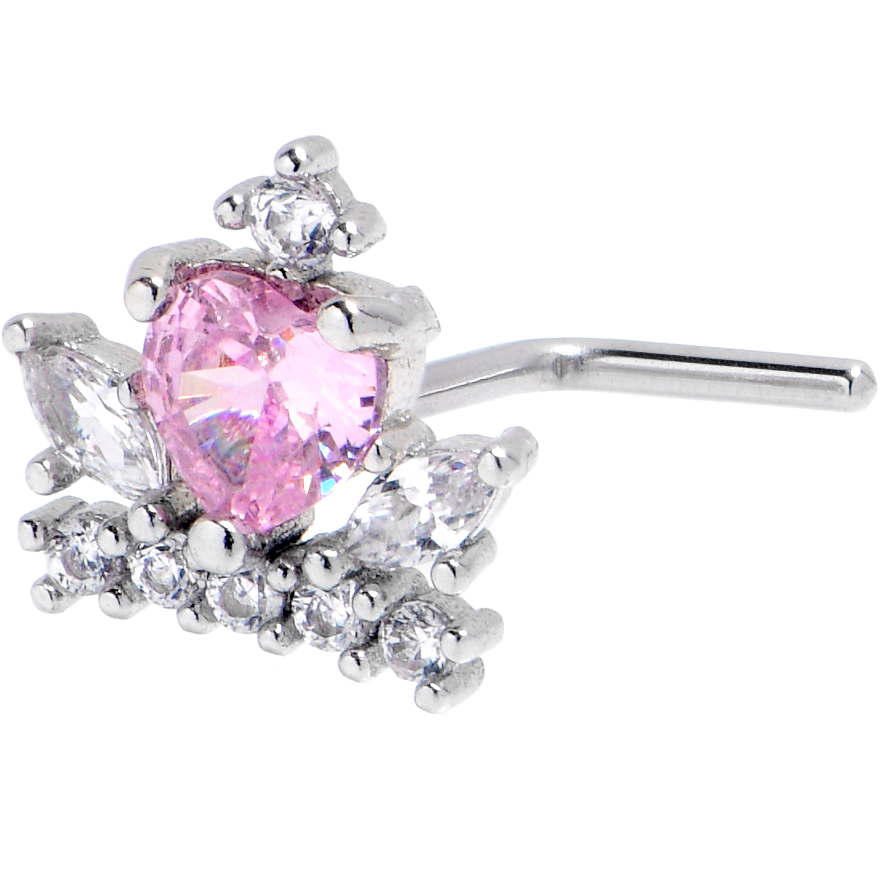 20 Gauge 7mm Pink Clear CZ Gem Crown Heart L Shape Nose Ring