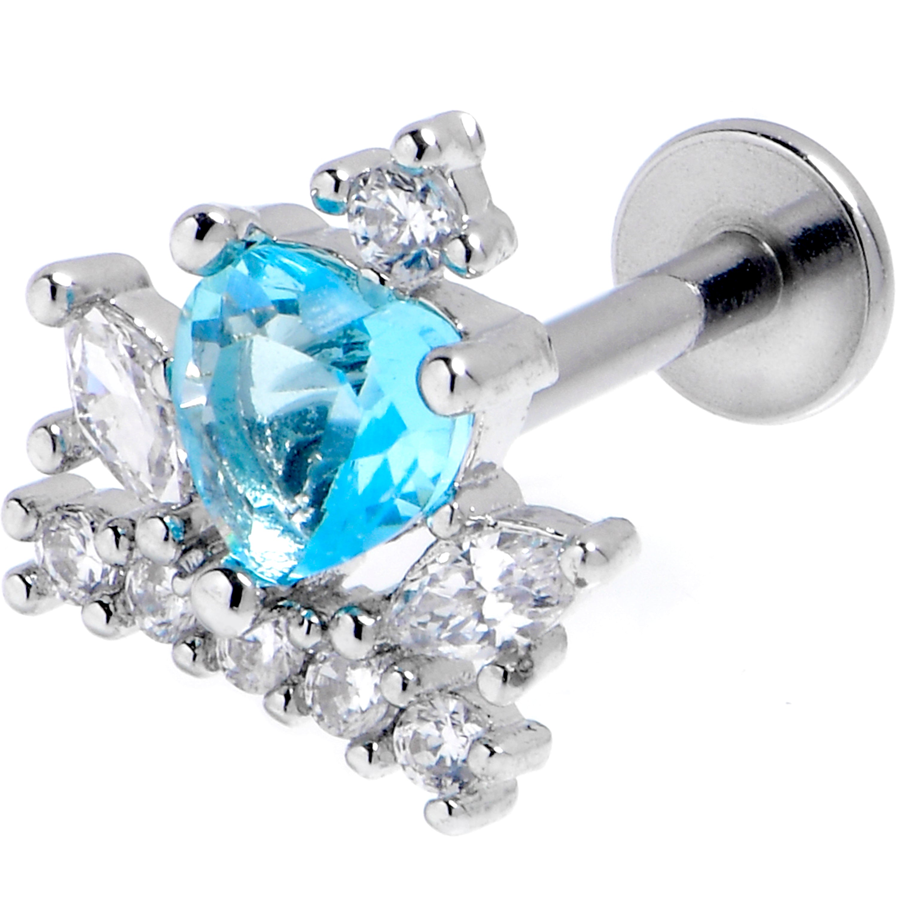 16 Gauge 5/16 Clear Blue Gem Crown Heart Labret Monroe Tragus