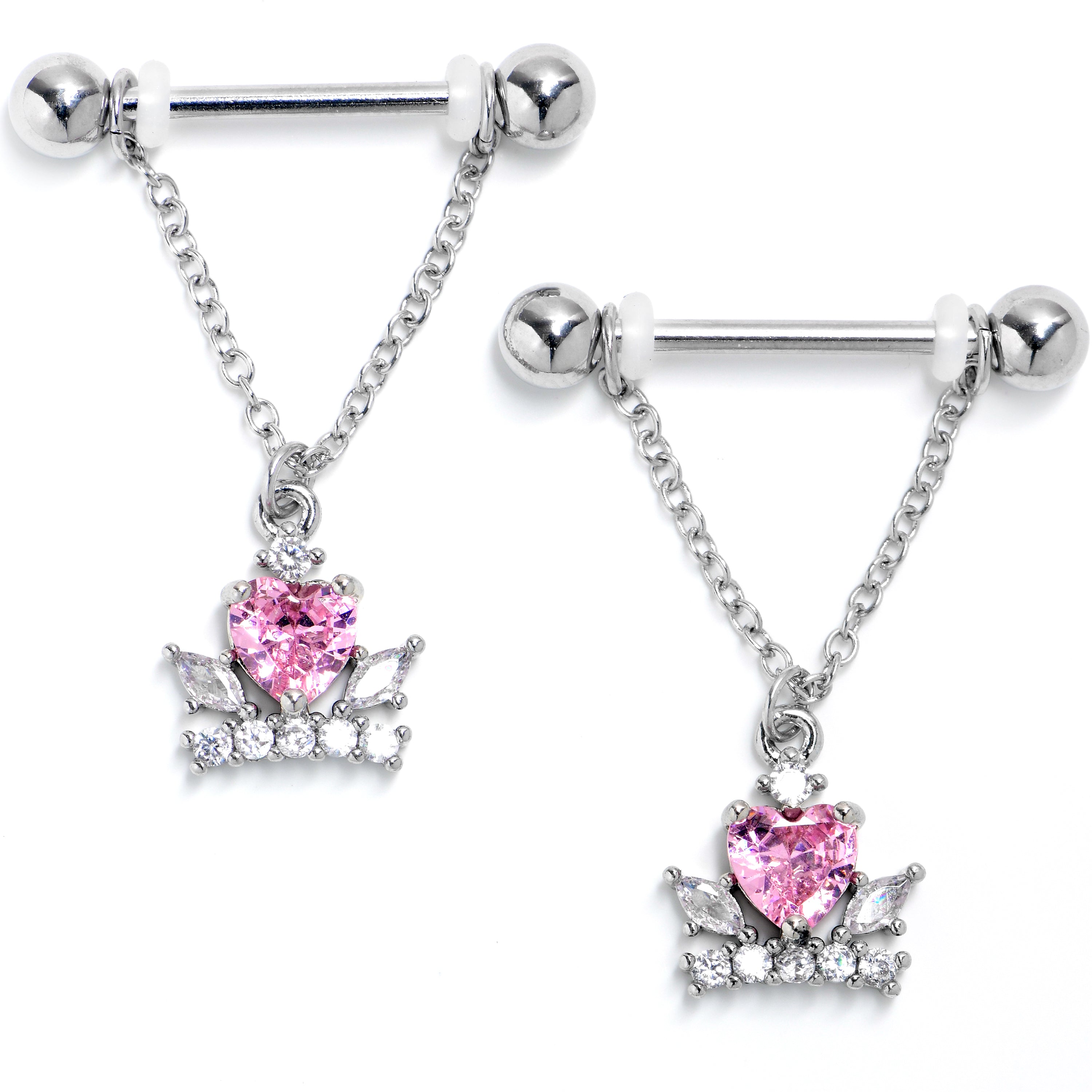 14 Gauge 9/116 Clear Pink Gem Crown Heart Chain Dangle Nipple Ring Set