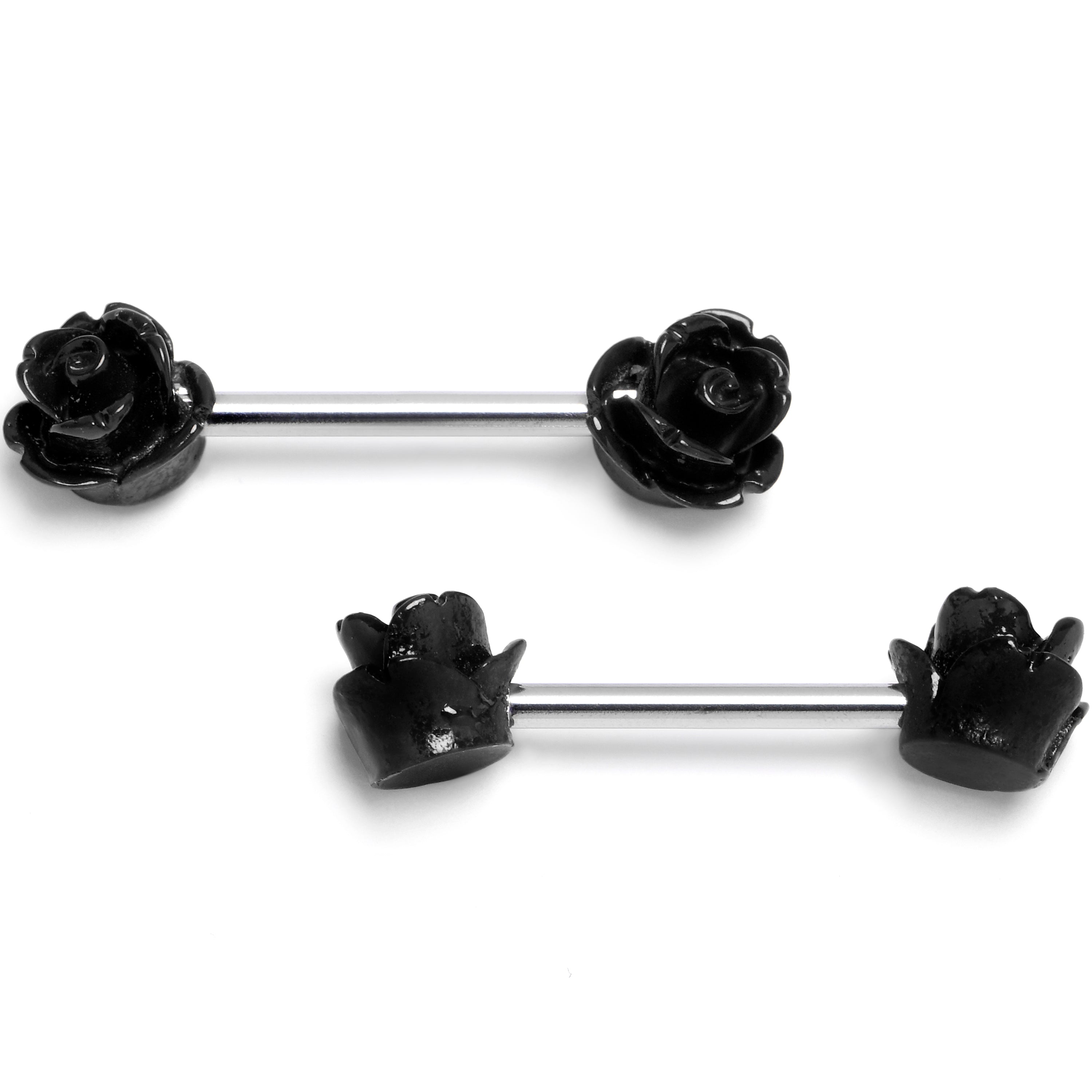 14 Gauge 1/2 Open Bloom Rose Black Barbell Nipple Ring Set