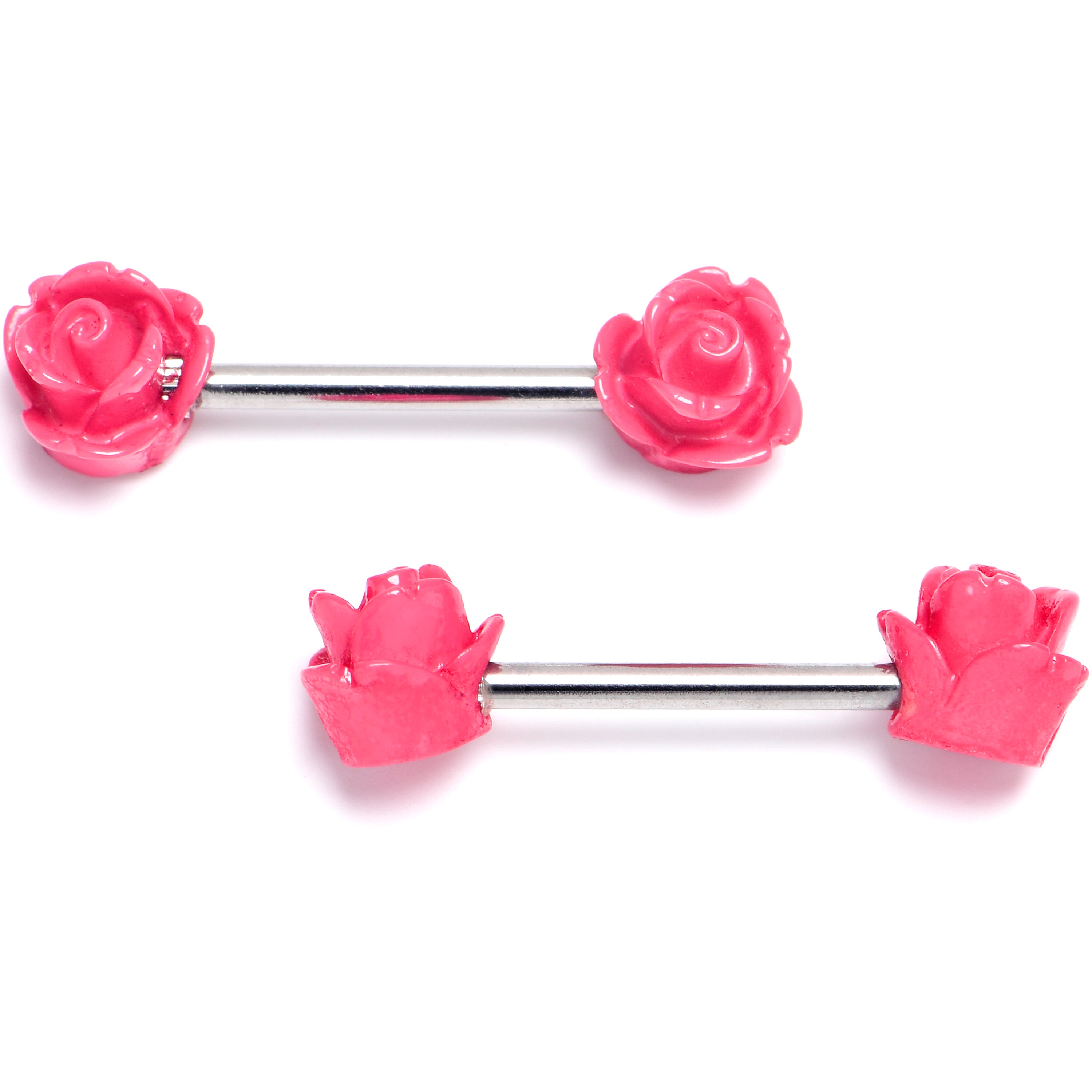 14 Gauge 1/2 Open Bloom Rose Pink Barbell Nipple Ring Set