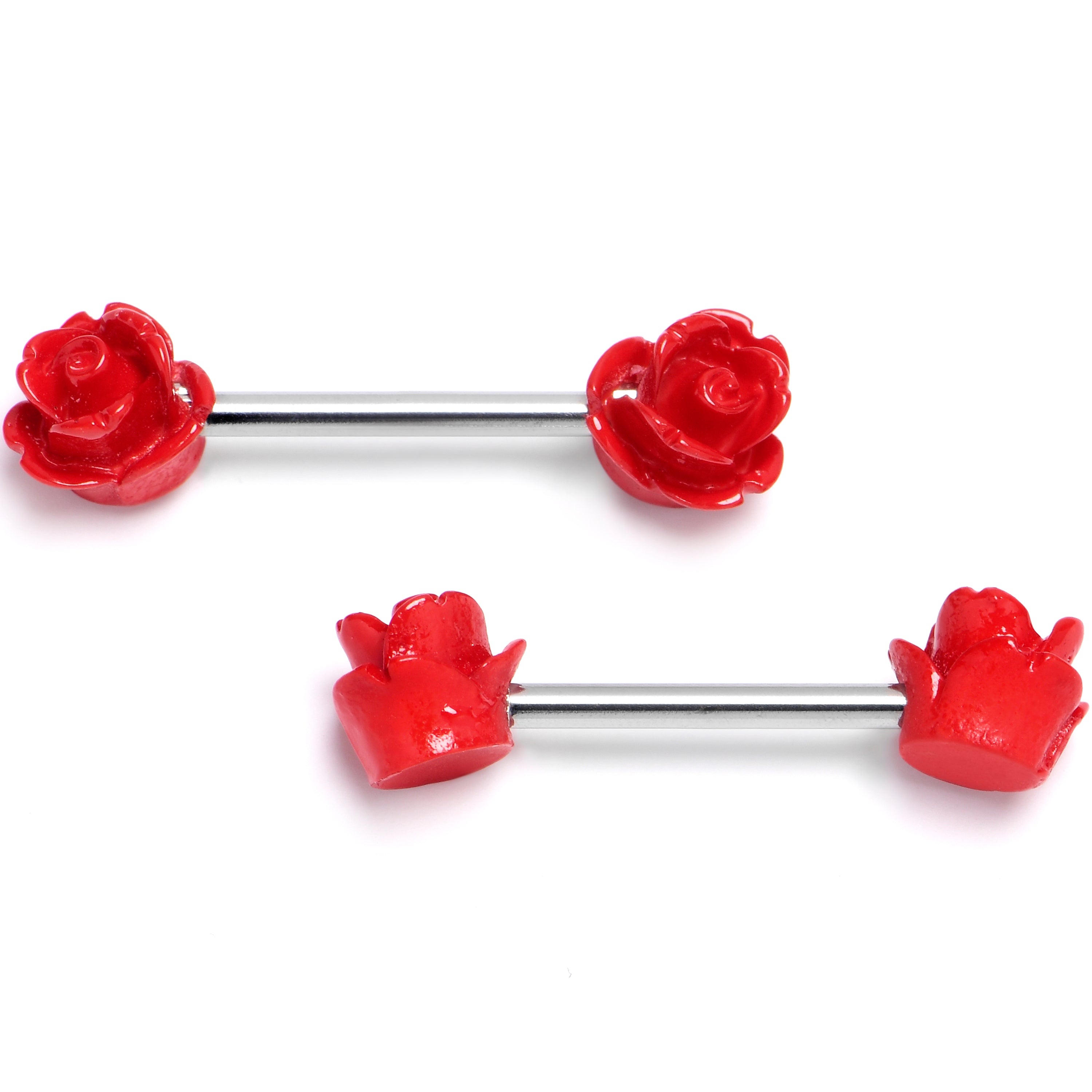 14 Gauge 1/2 Open Bloom Rose Red Barbell Nipple Ring Set