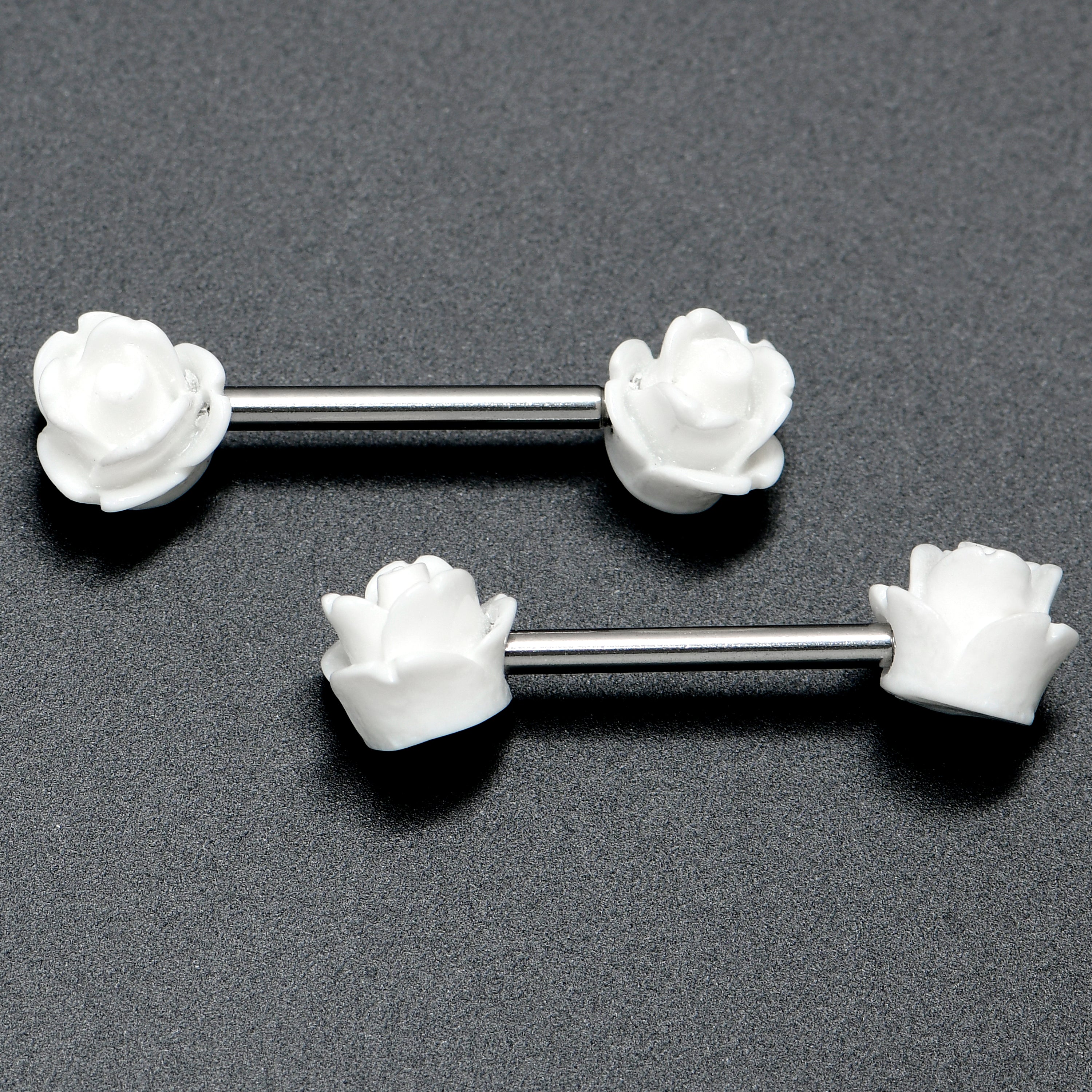 14 Gauge 1/2 Open Bloom Rose White Barbell Nipple Ring Set