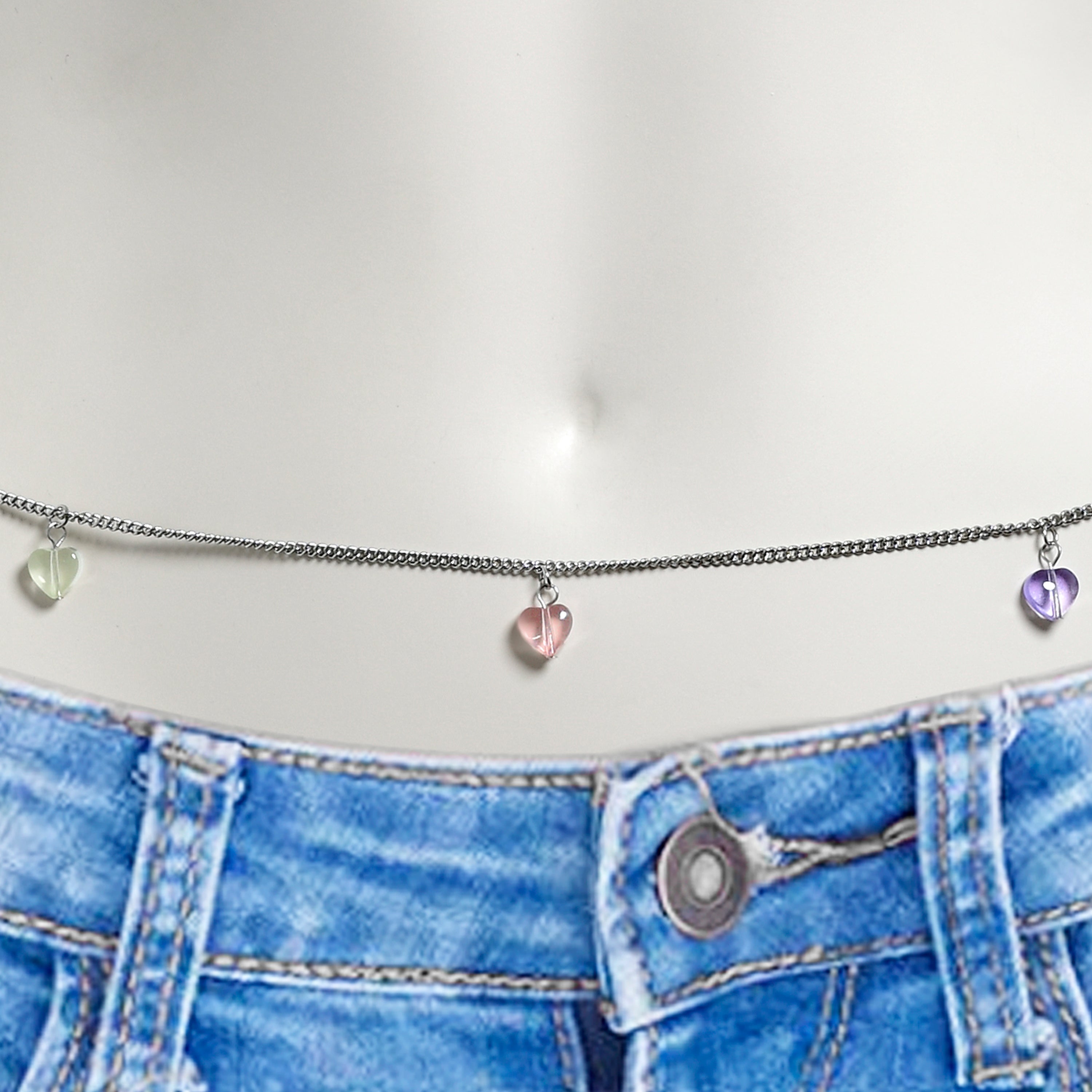 Pink Purple Gem Hearts Dangle Belly Chain