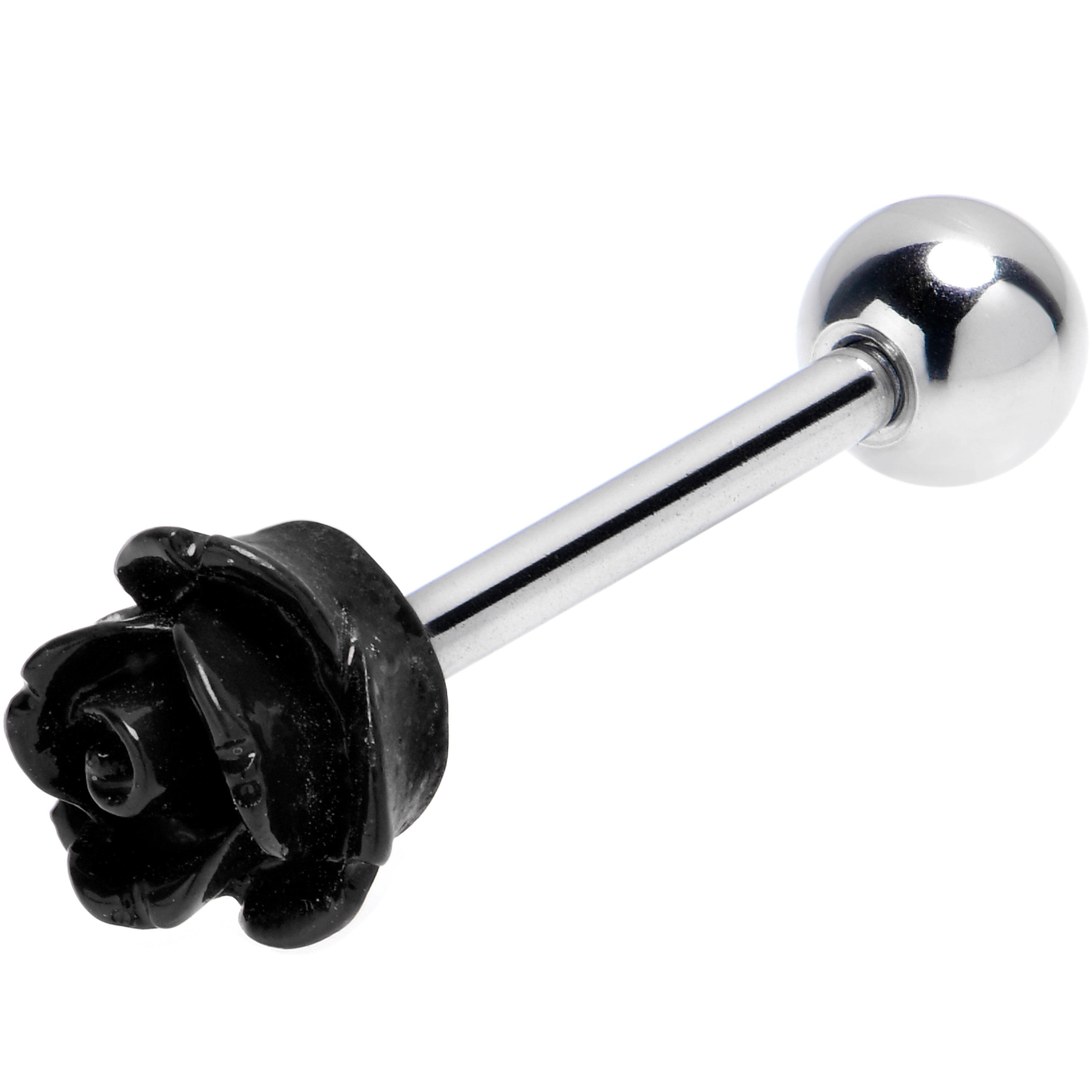 Open Bloom Rose Black Barbell Tongue Ring