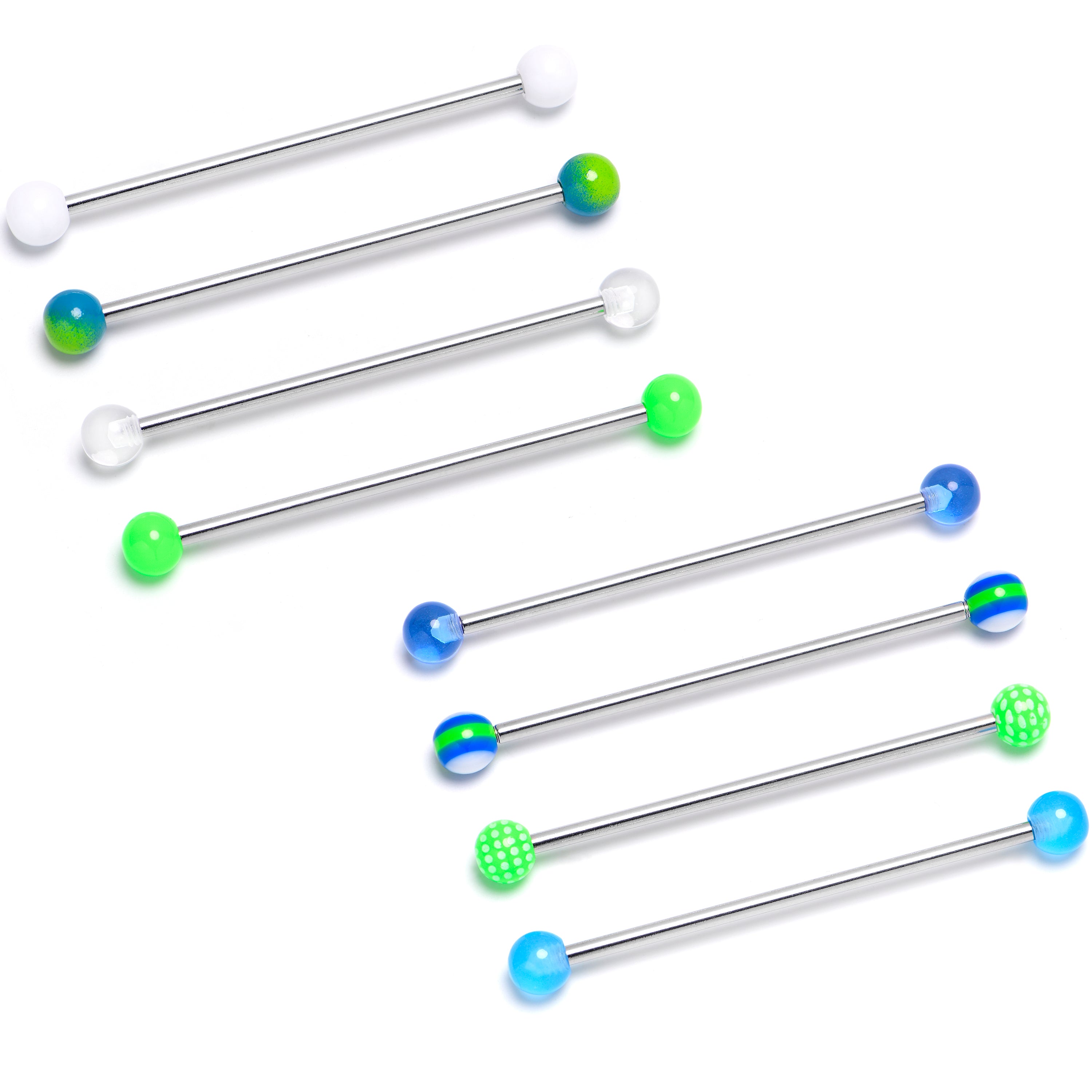 14 Gauge Blues Greens White Industrial Barbell 38mm Set of 8