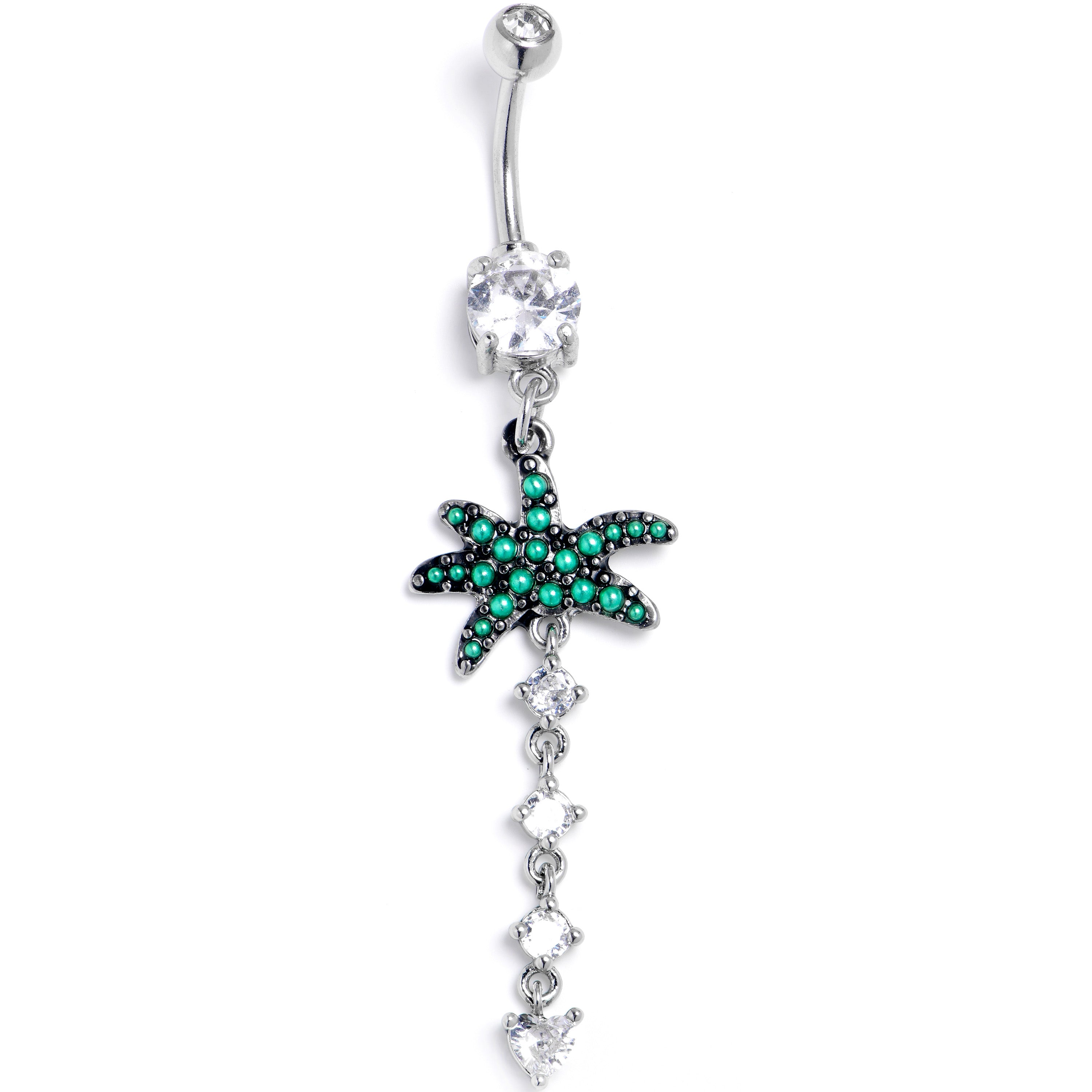 Clear CZ Gem Palm Tree Love Dangle Belly Ring