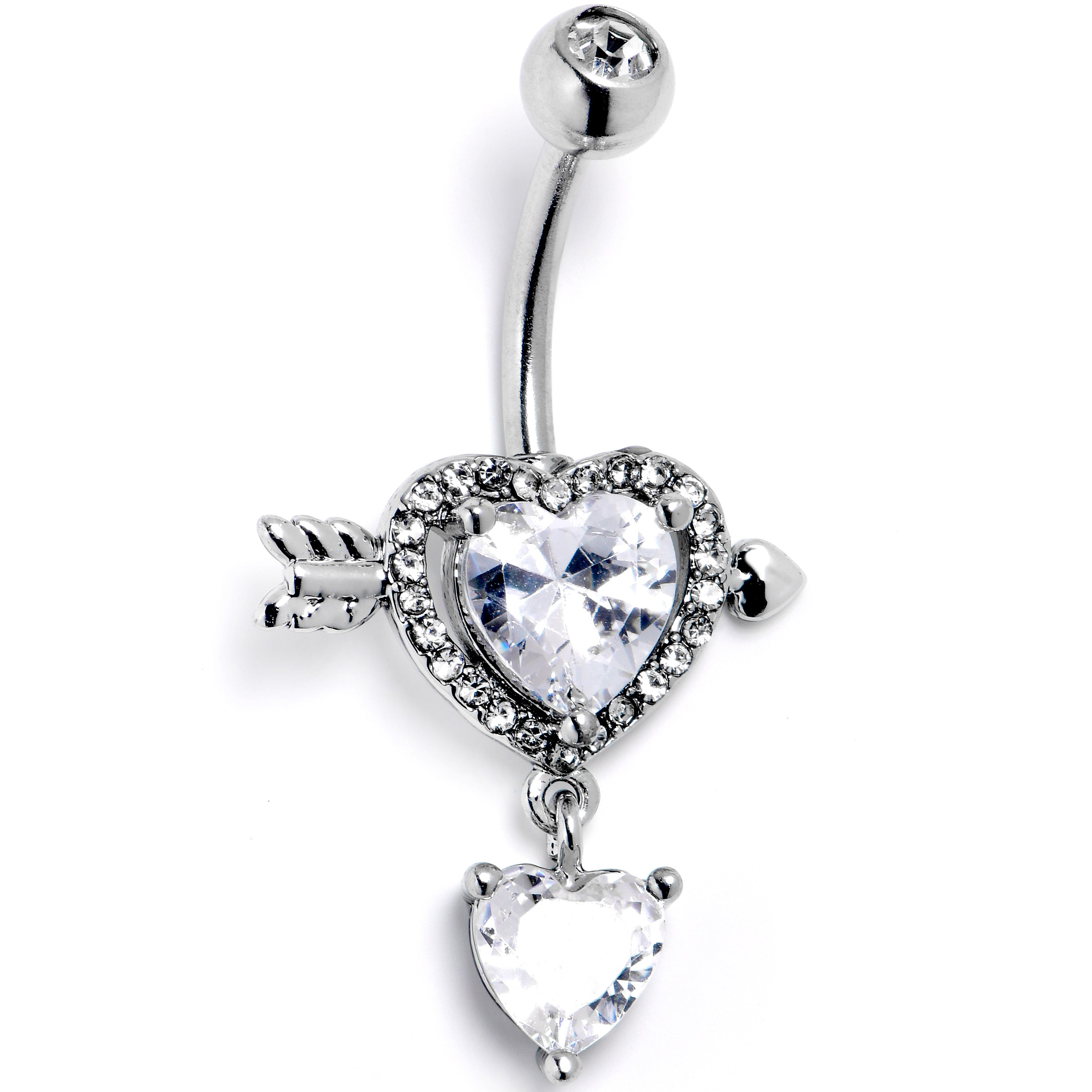 Clear CZ Gem Fusion of Love Heart Arrow Dangle Belly Ring