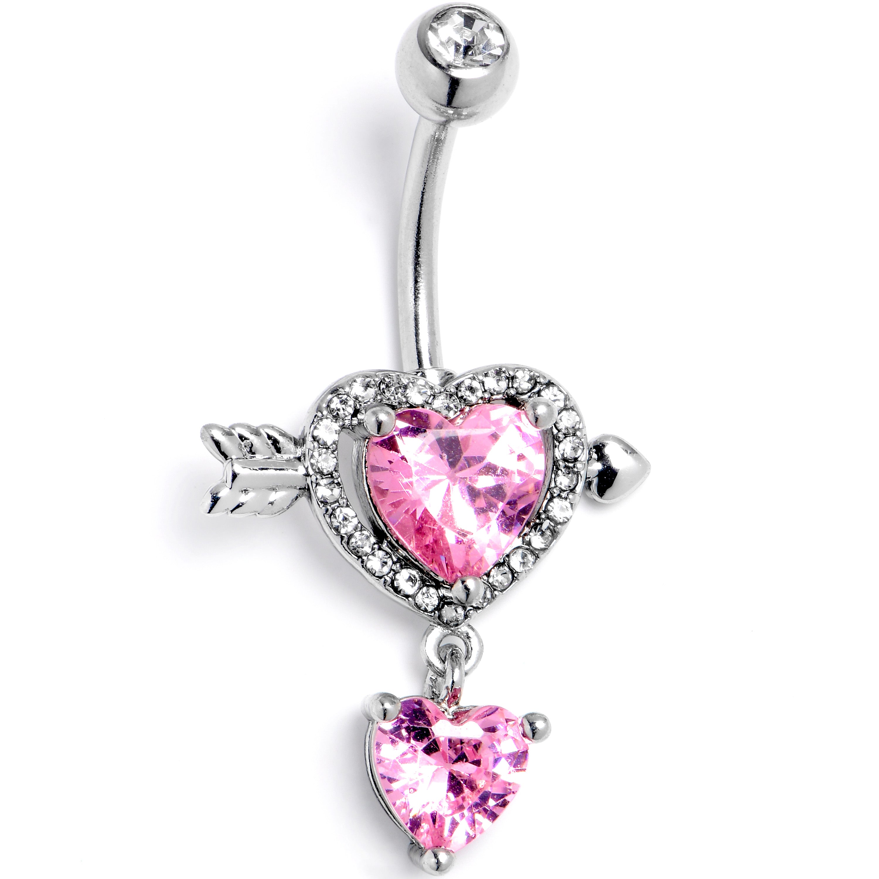 Pink Clear Gem Fusion of Love Heart Arrow Dangle Belly Ring