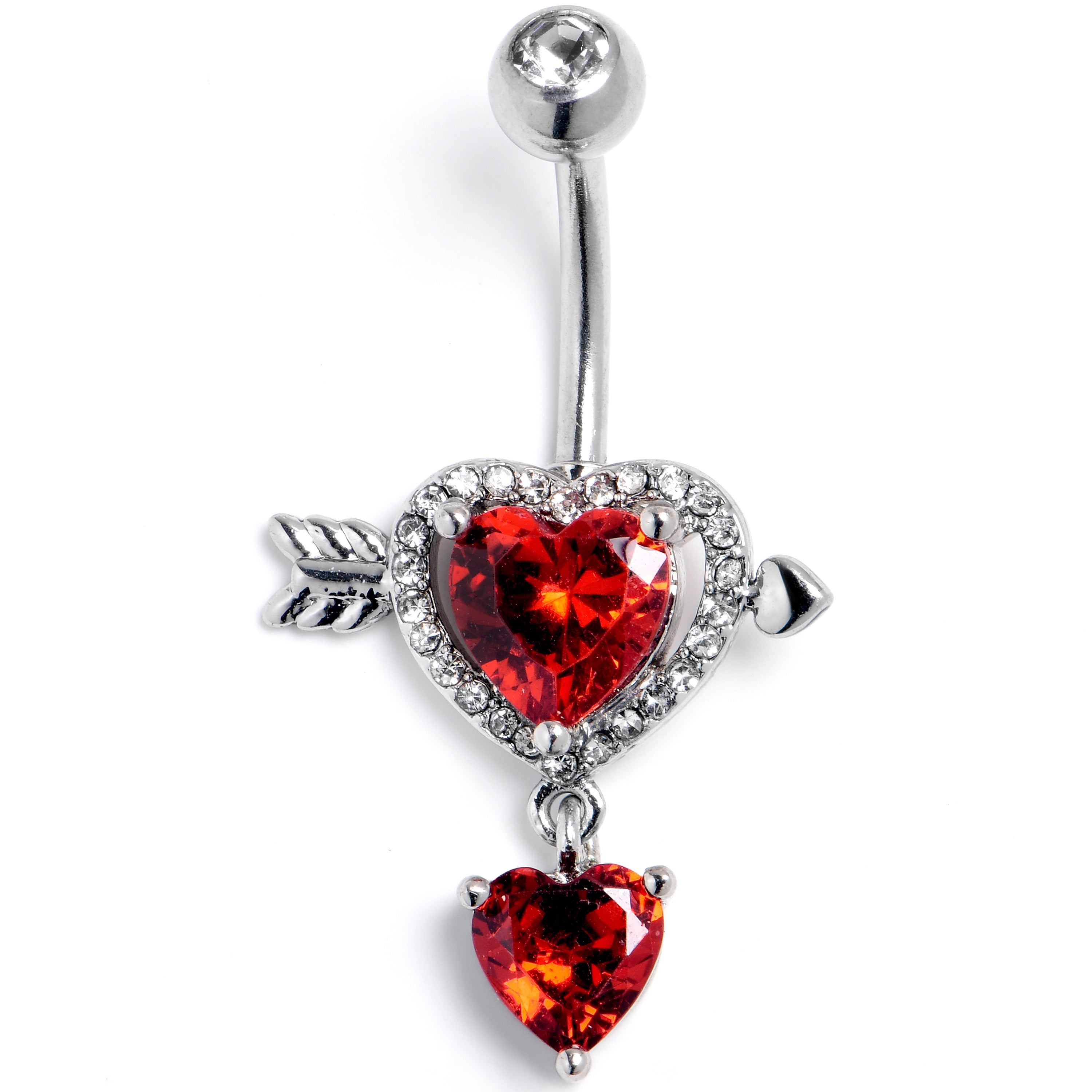 Red Clear CZ Gem Fusion of Love Arrow Heart Dangle Belly Ring