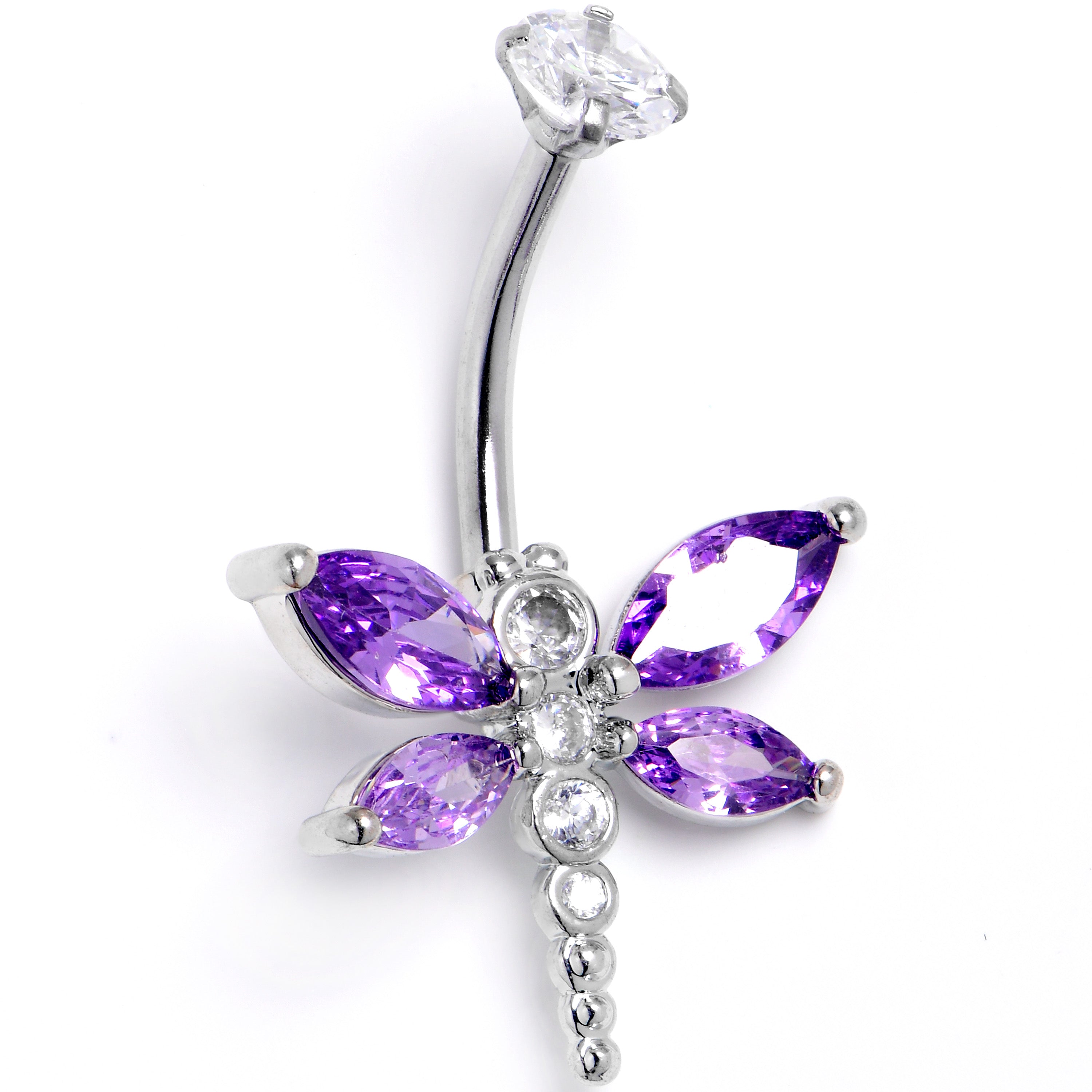 Clear Purple CZ Gem Internally Threaded Dragonfly Style Belly Ring