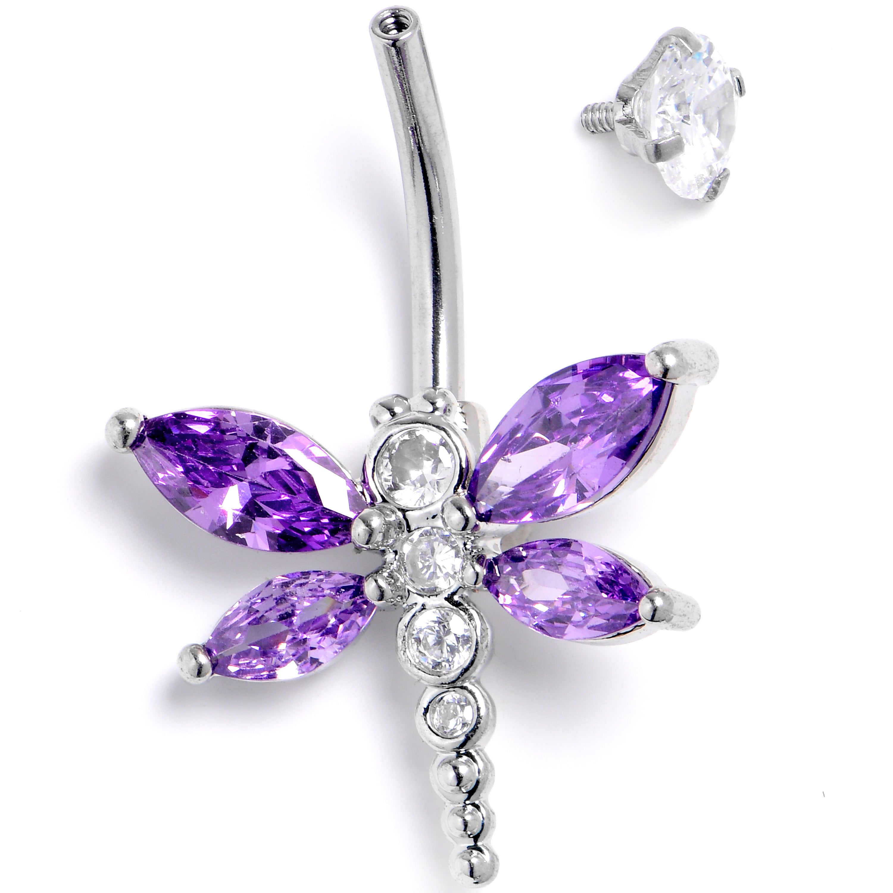 Clear Purple CZ Gem Internally Threaded Dragonfly Style Belly Ring