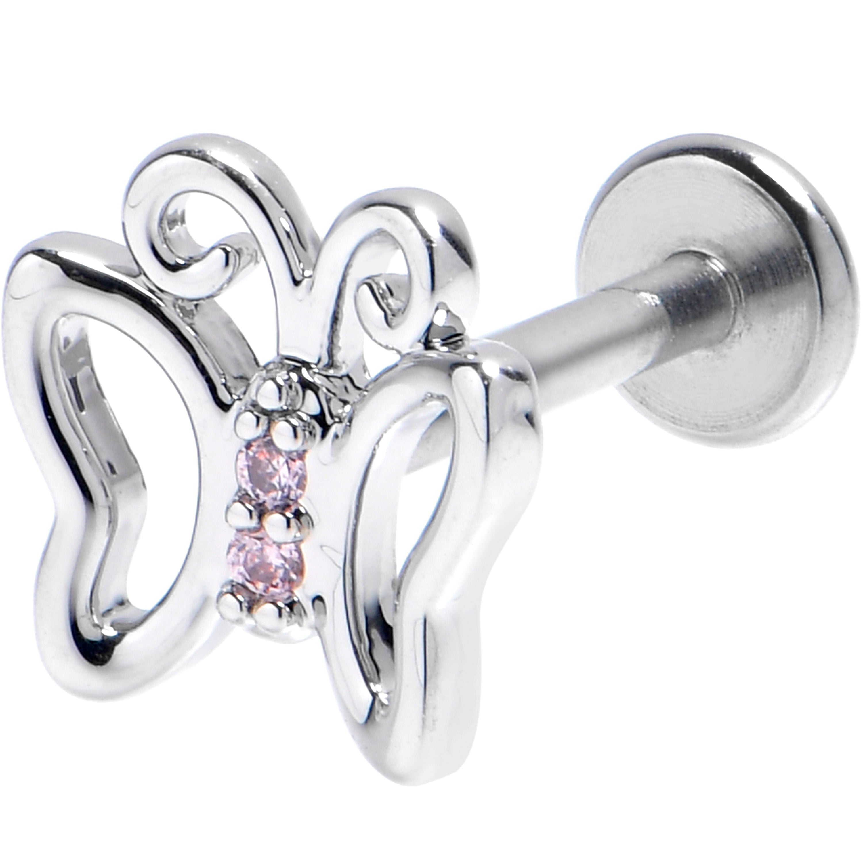 16 Gauge 5/16 Pink CZ Gem Internally Threaded Open Butterfly Labret