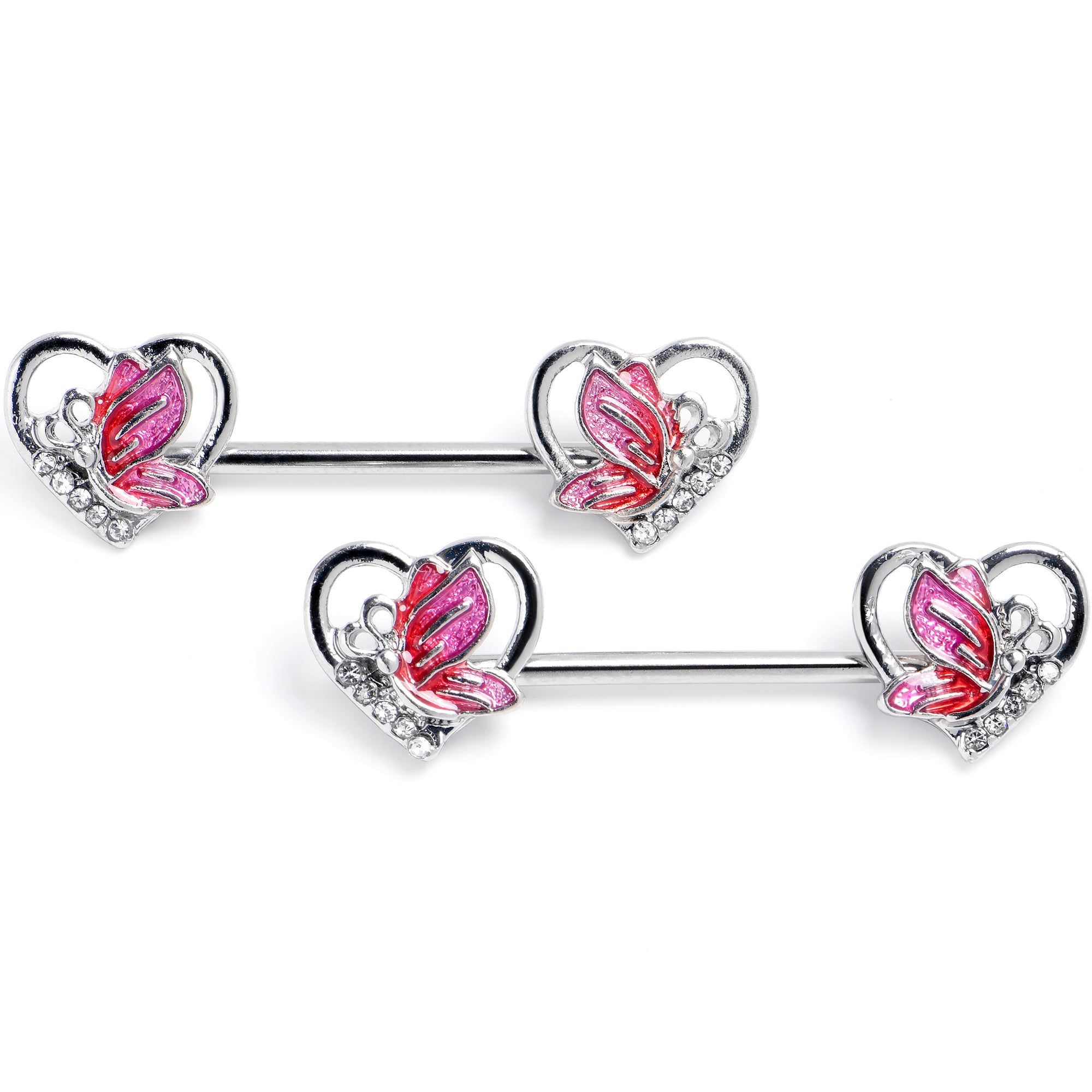 14 Gauge 9/16 Clear Gem Butterfly Love Heart Pink Barbell Nipple Ring Set