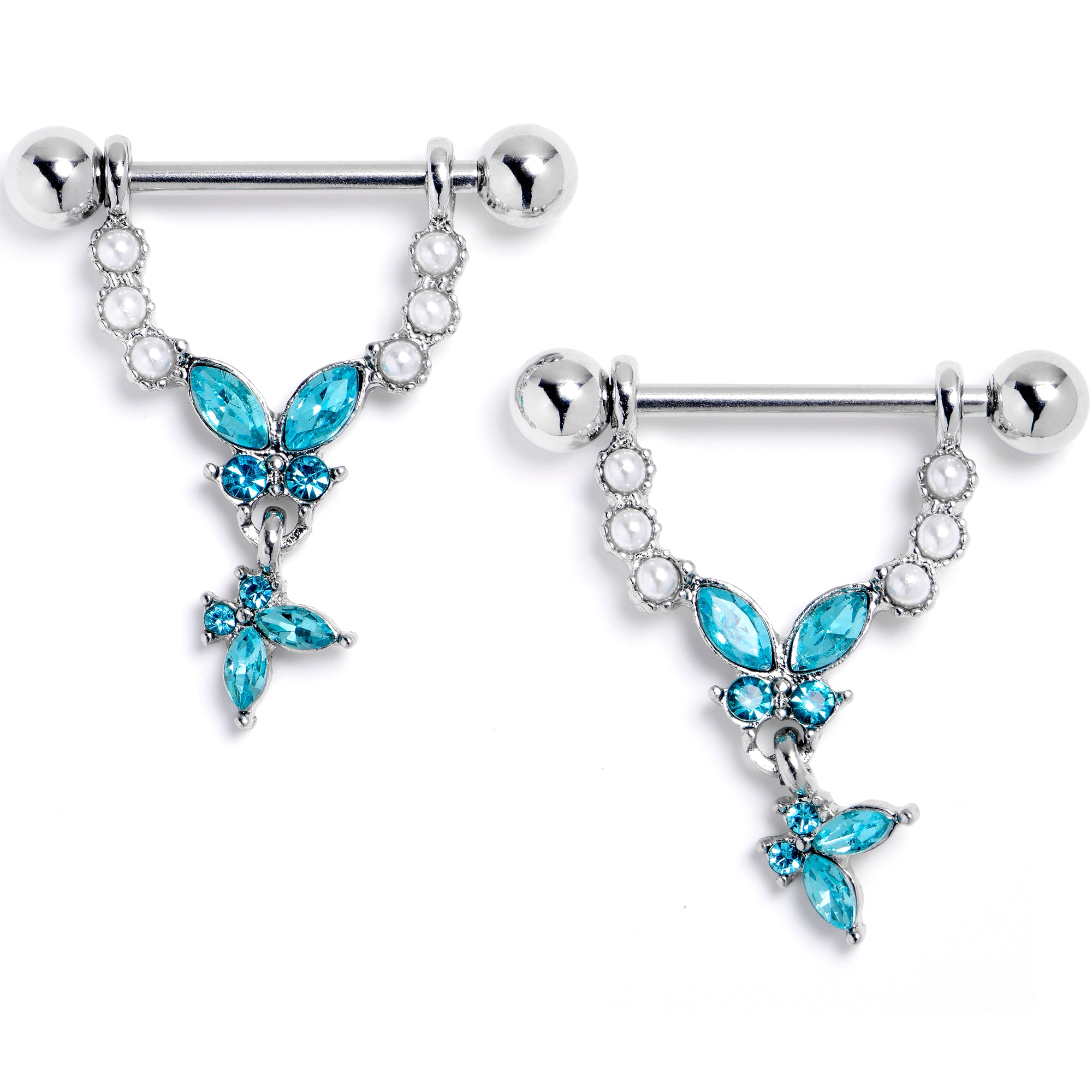 14 Gauge 9/16 Blue Gem Double Butterfly Glam Dangle Nipple Ring Set