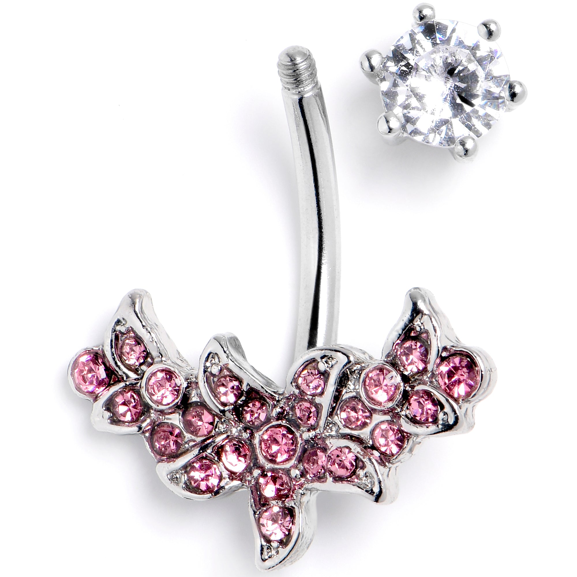 Clear Pink CZ Gem Flower Garland Double Mount Belly Ring