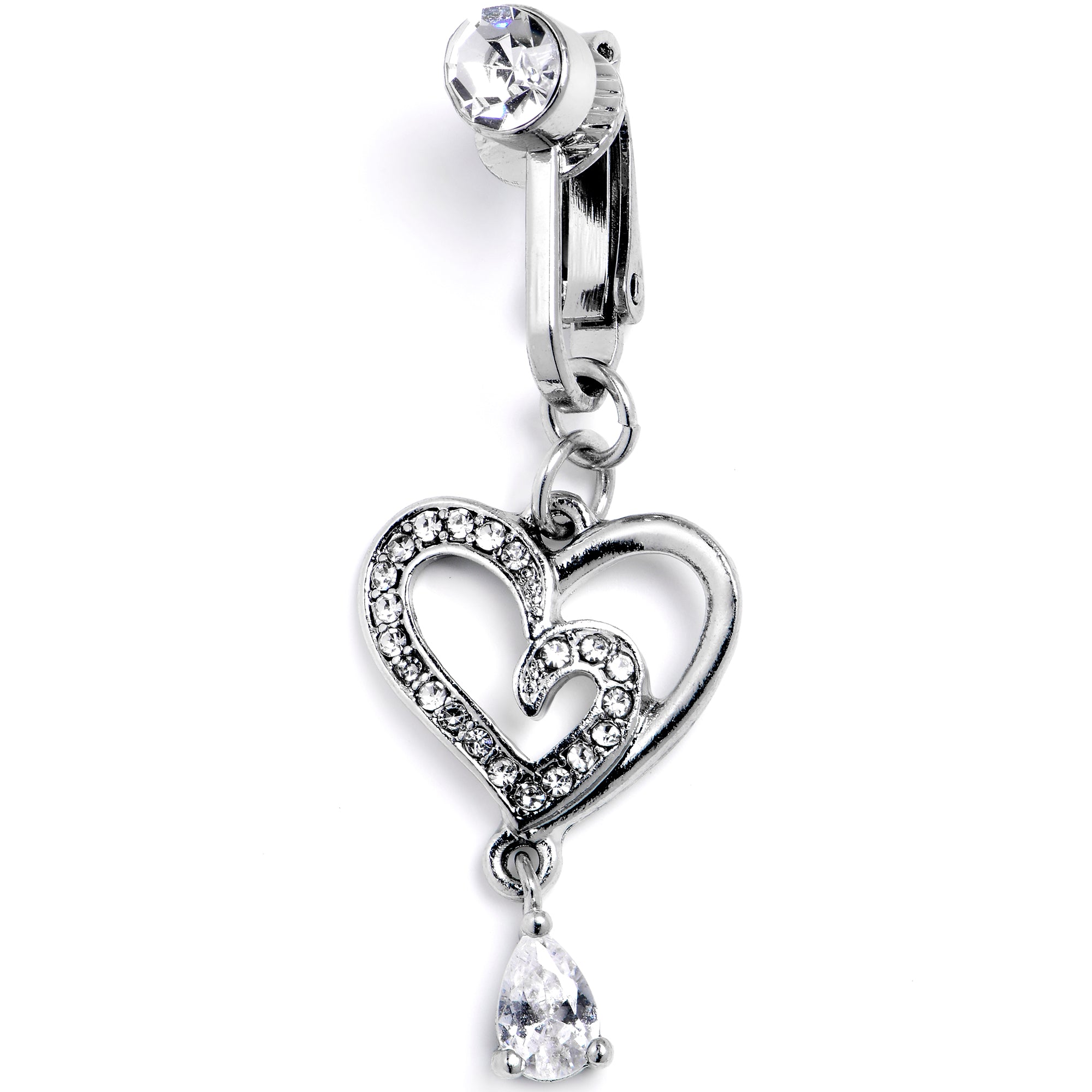 Clear CZ Gem Asymmetrical Heart Dangle Clip On Fake Belly Ring