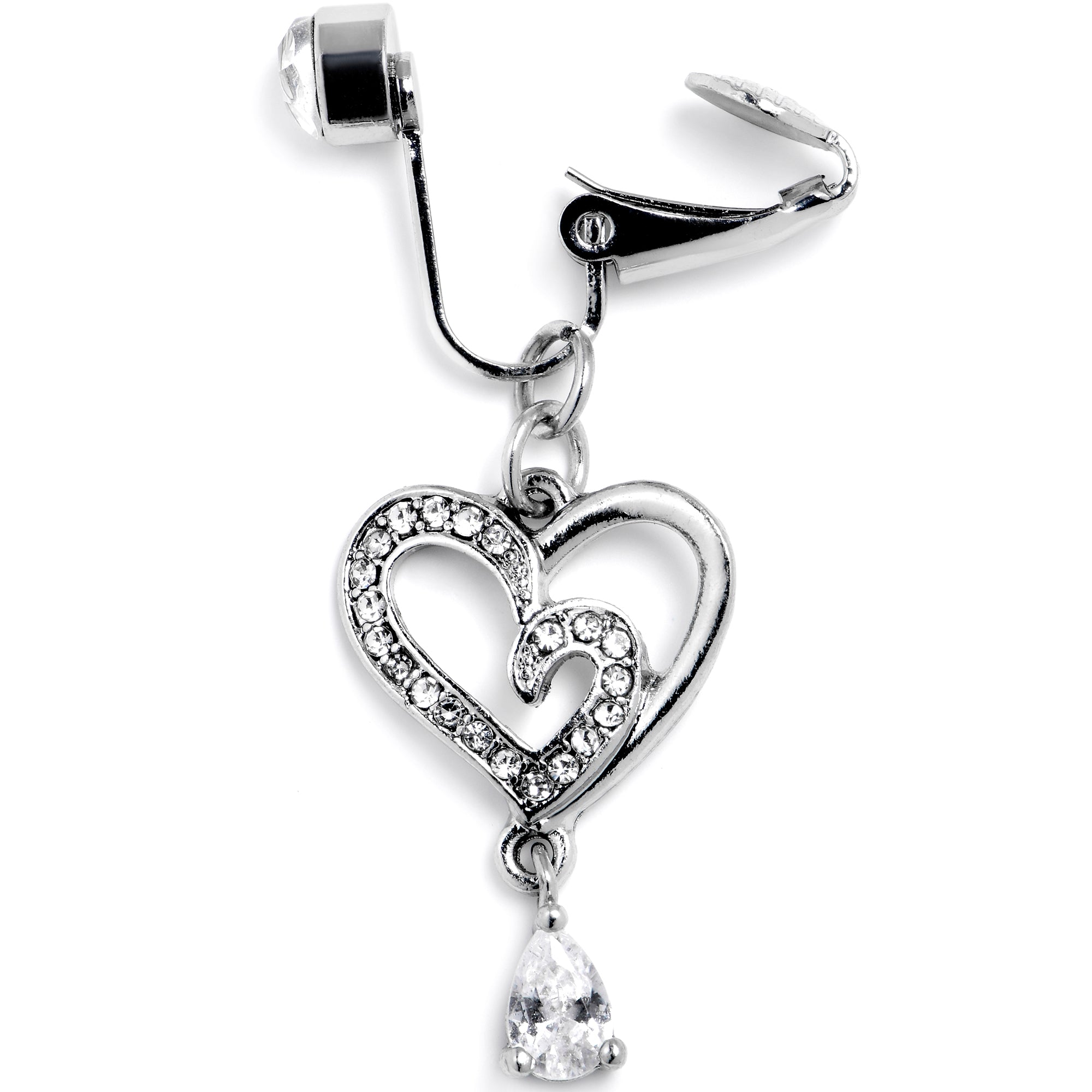 Clear CZ Gem Asymmetrical Heart Dangle Clip On Fake Belly Ring