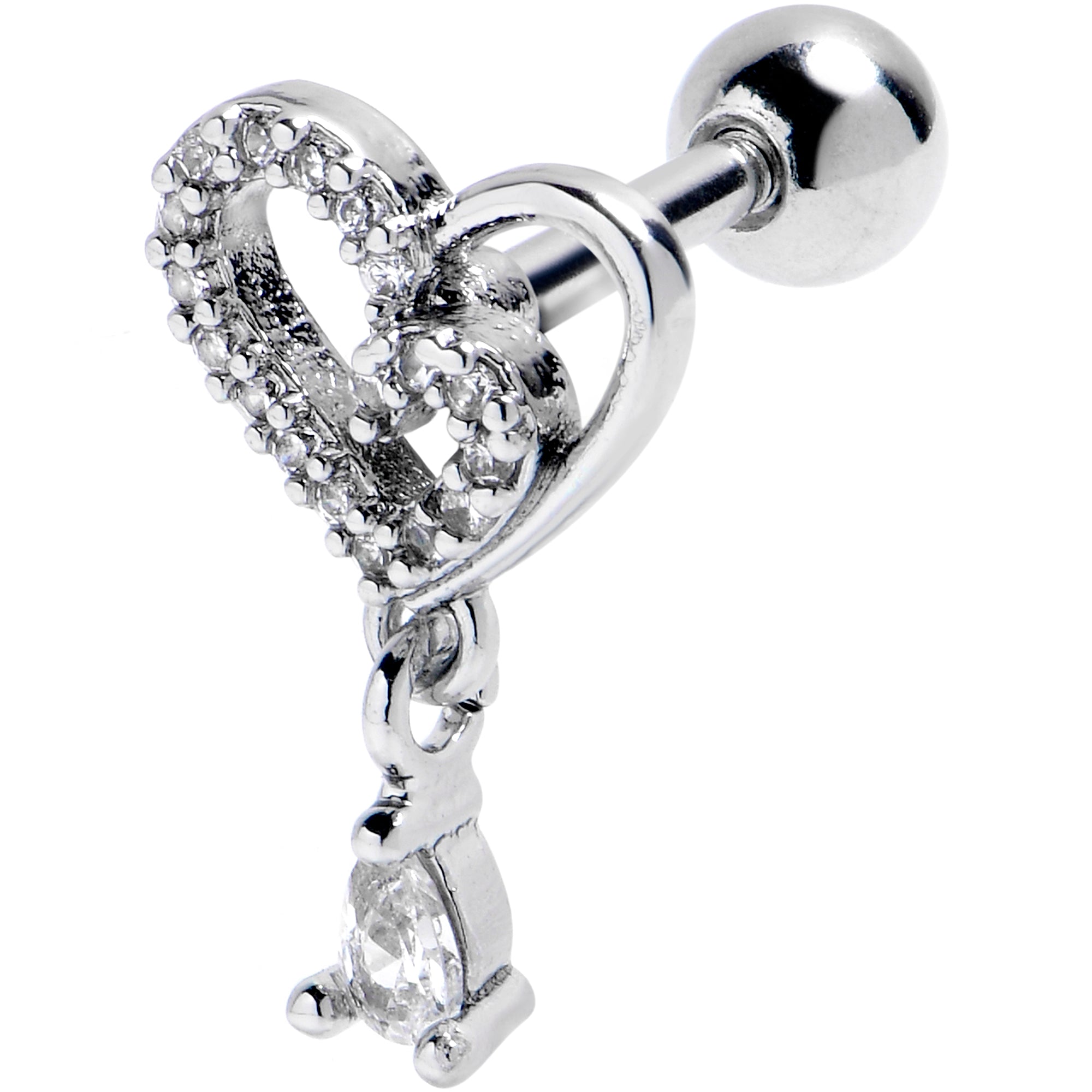 16 Gauge 1/4 Clear CZ Gem Asymmetrical Heart Dangle Cartilage Earring