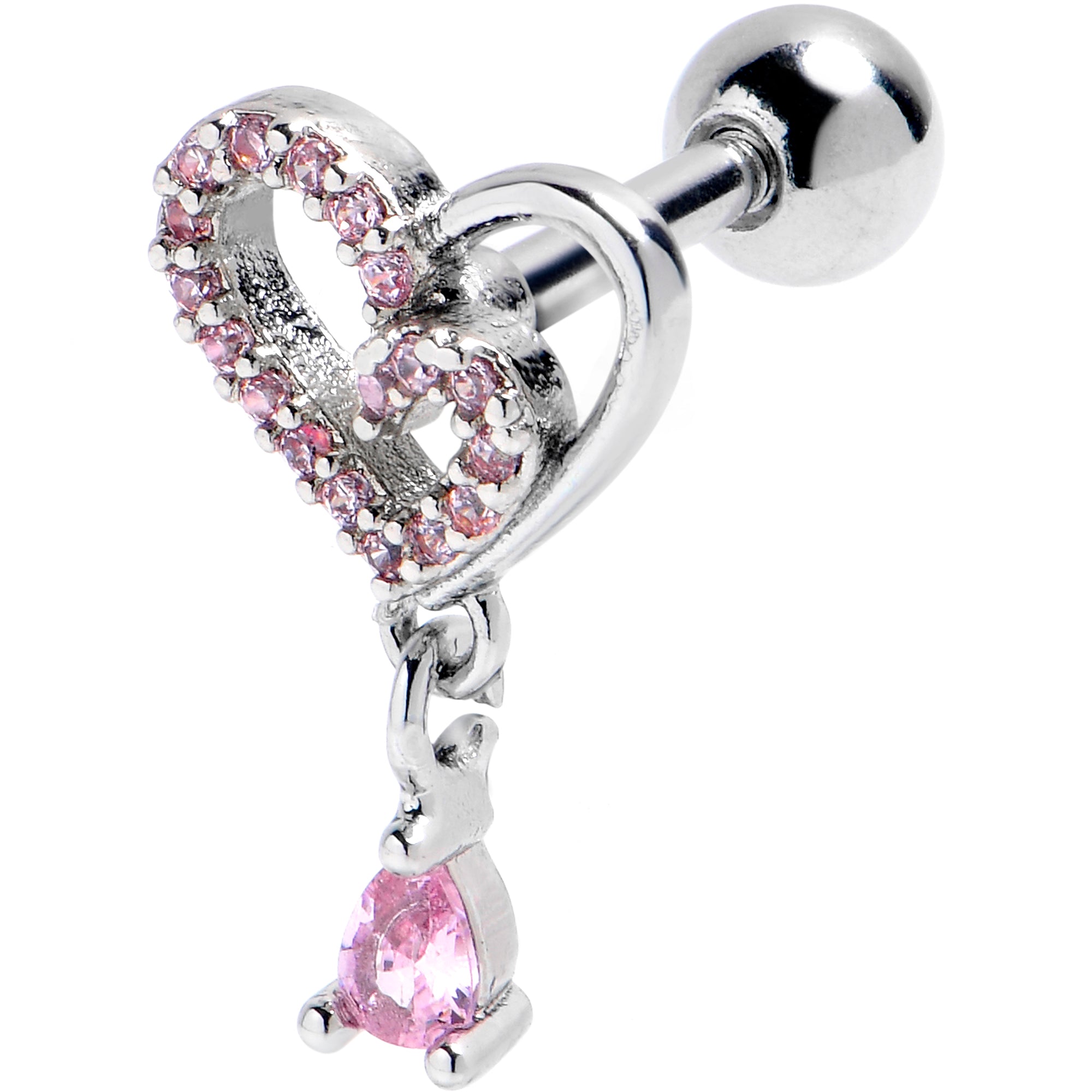 16 Gauge 1/4 Pink CZ Gem Asymmetrical Heart Dangle Cartilage Earring