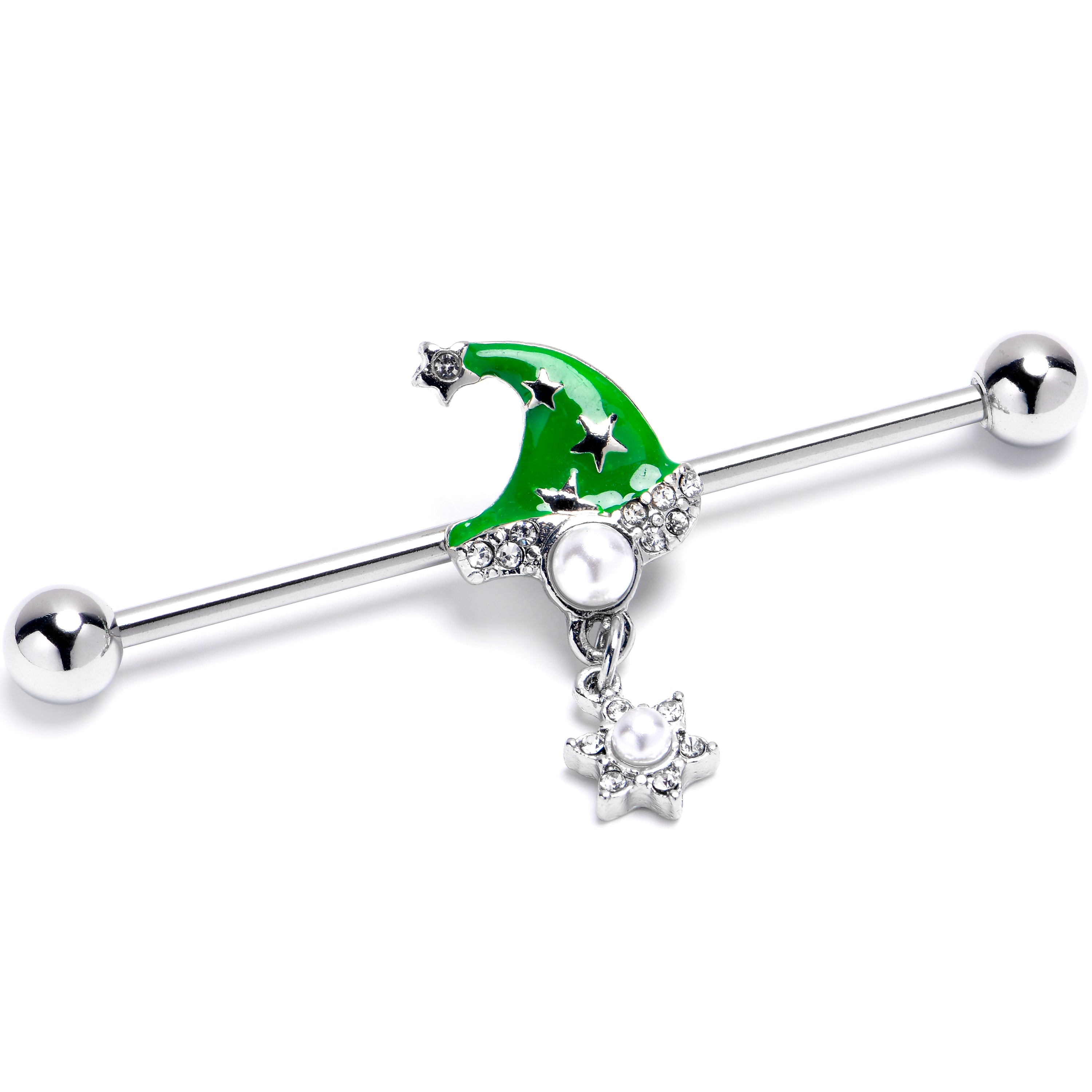 14 Gauge Clear Gem Santa Hat Stars Green Dangle Industrial Barbell 38mm