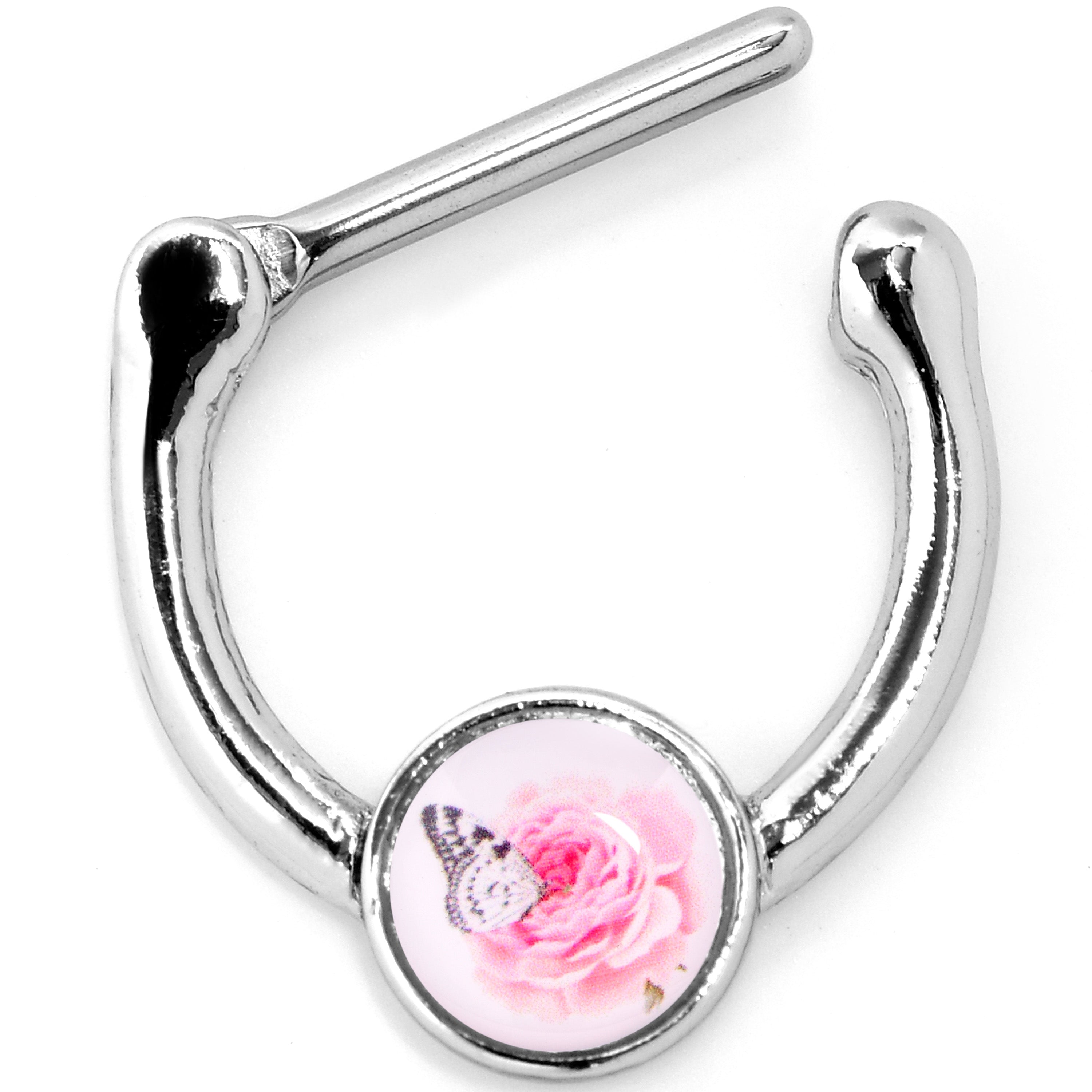 16 Gauge 5/16 Butterfly Pink Rose Cartilage Clicker