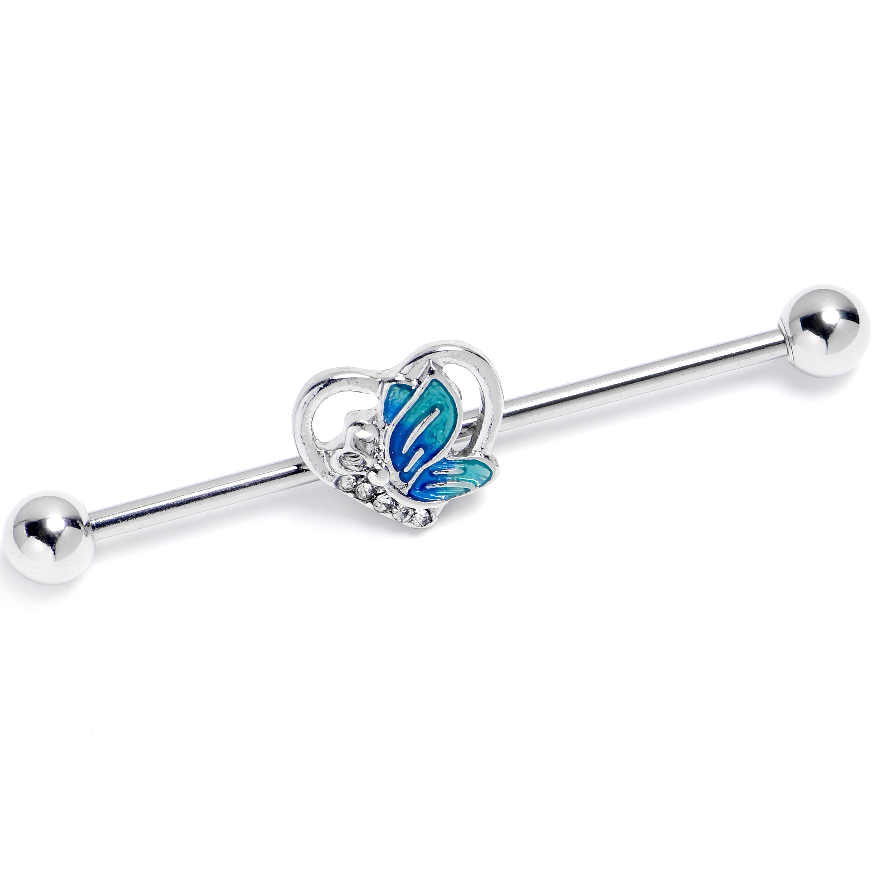 14 Gauge Butterfly Love Heart Blue Industrial Barbell 38mm