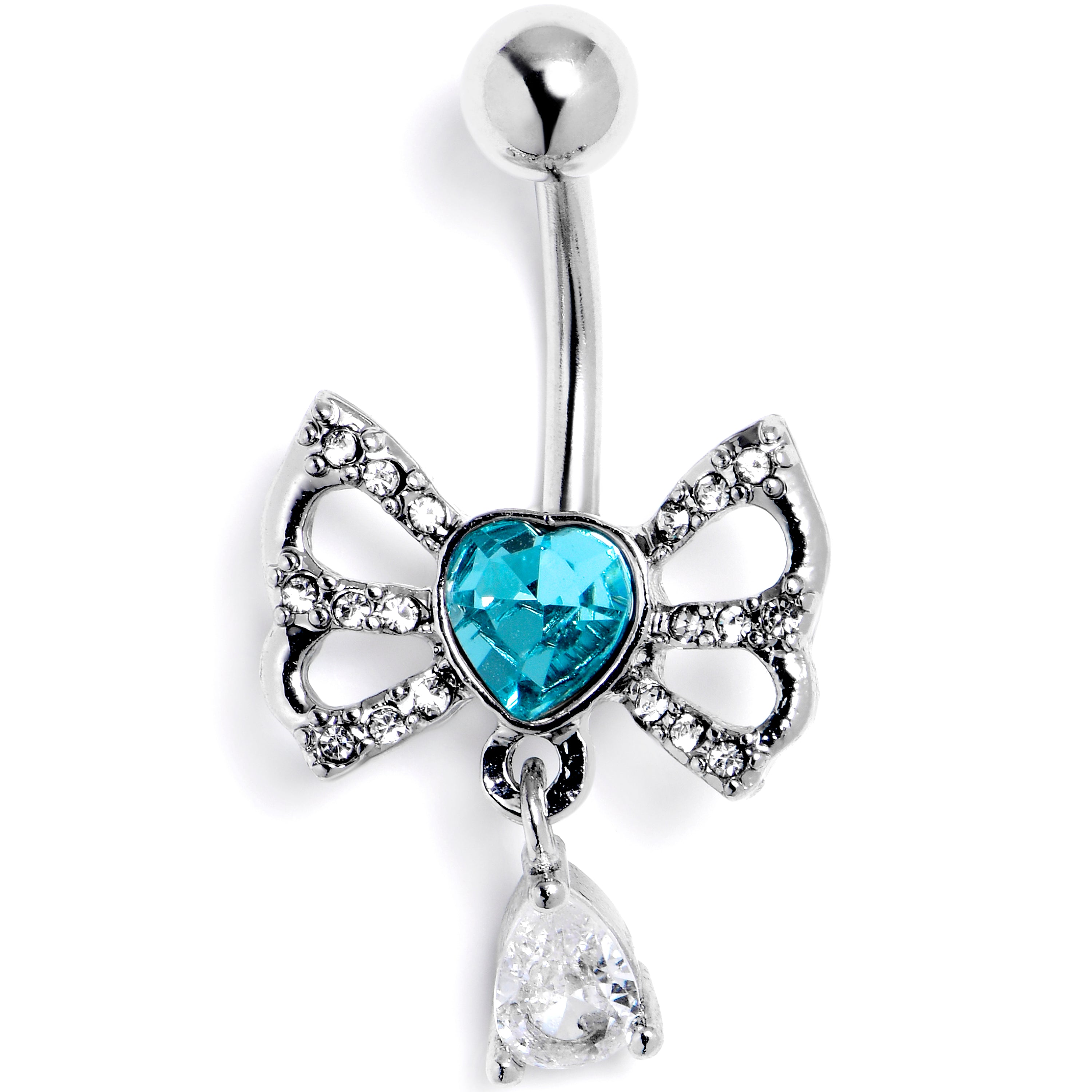 Clear Blue CZ Gem Heart In A Bow Dangle Belly Ring