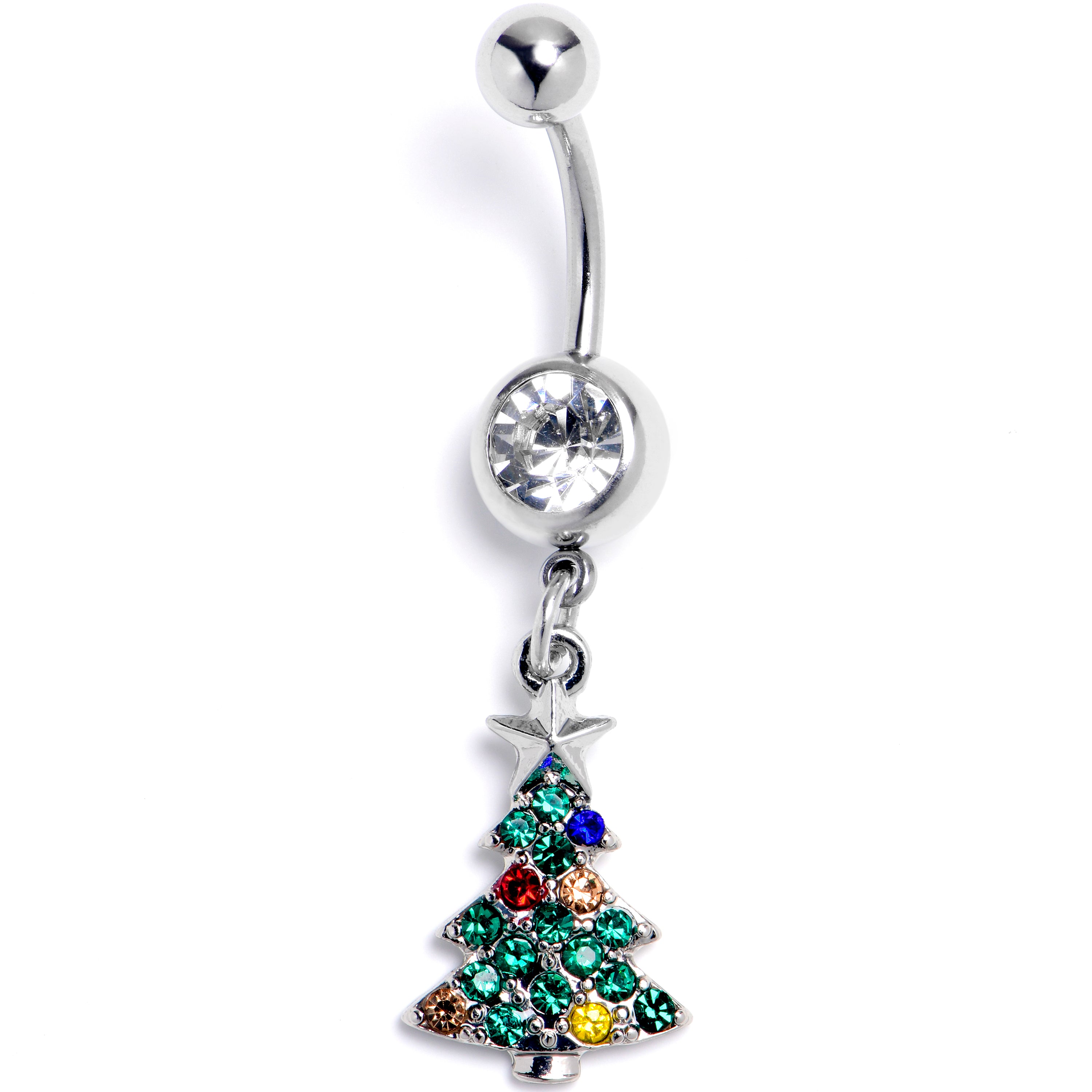 Clear Red Green Gem Classy Christmas Tree Dangle Belly Ring