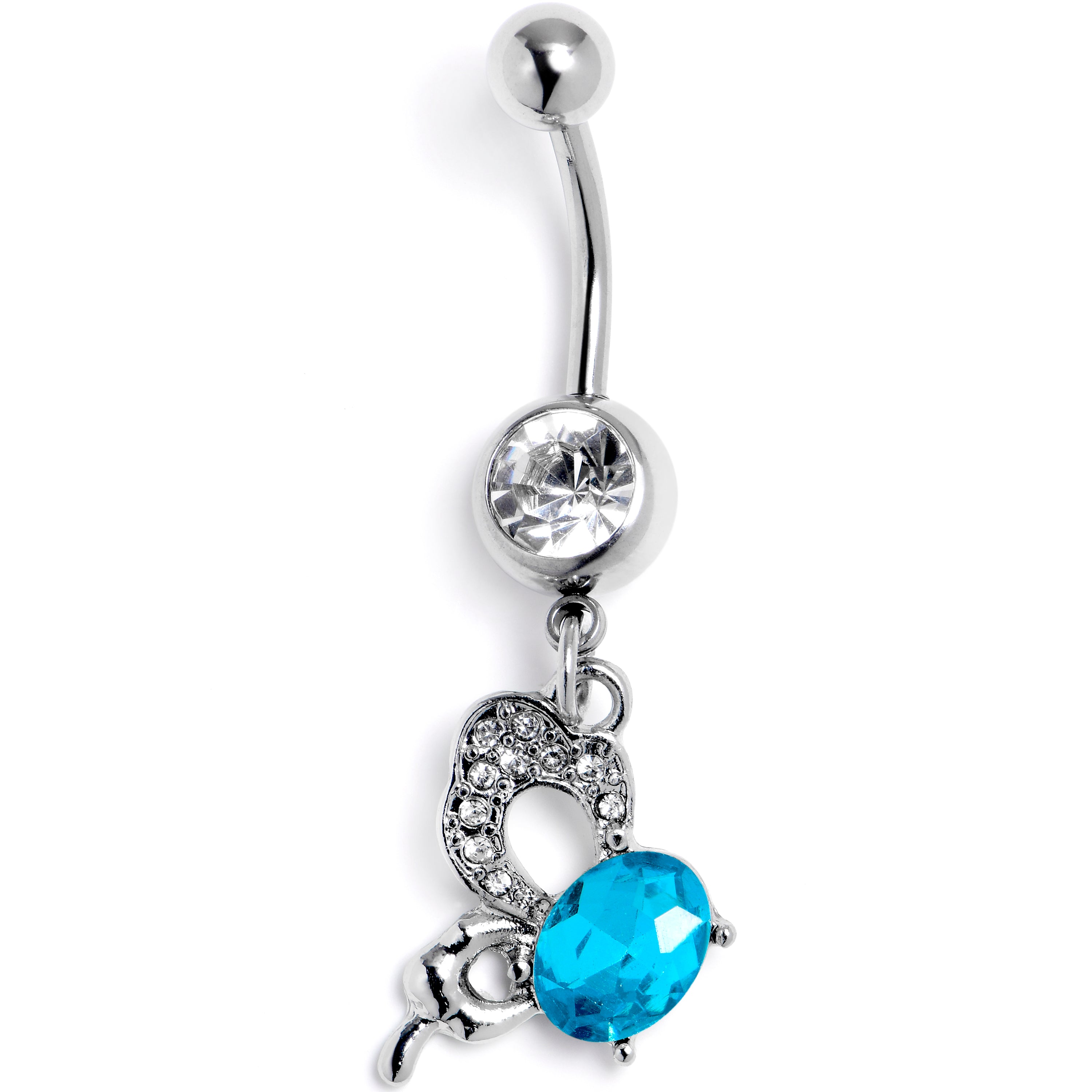 Clear Blue CZ Gem Abstract Style Butterfly Dangle Belly Ring