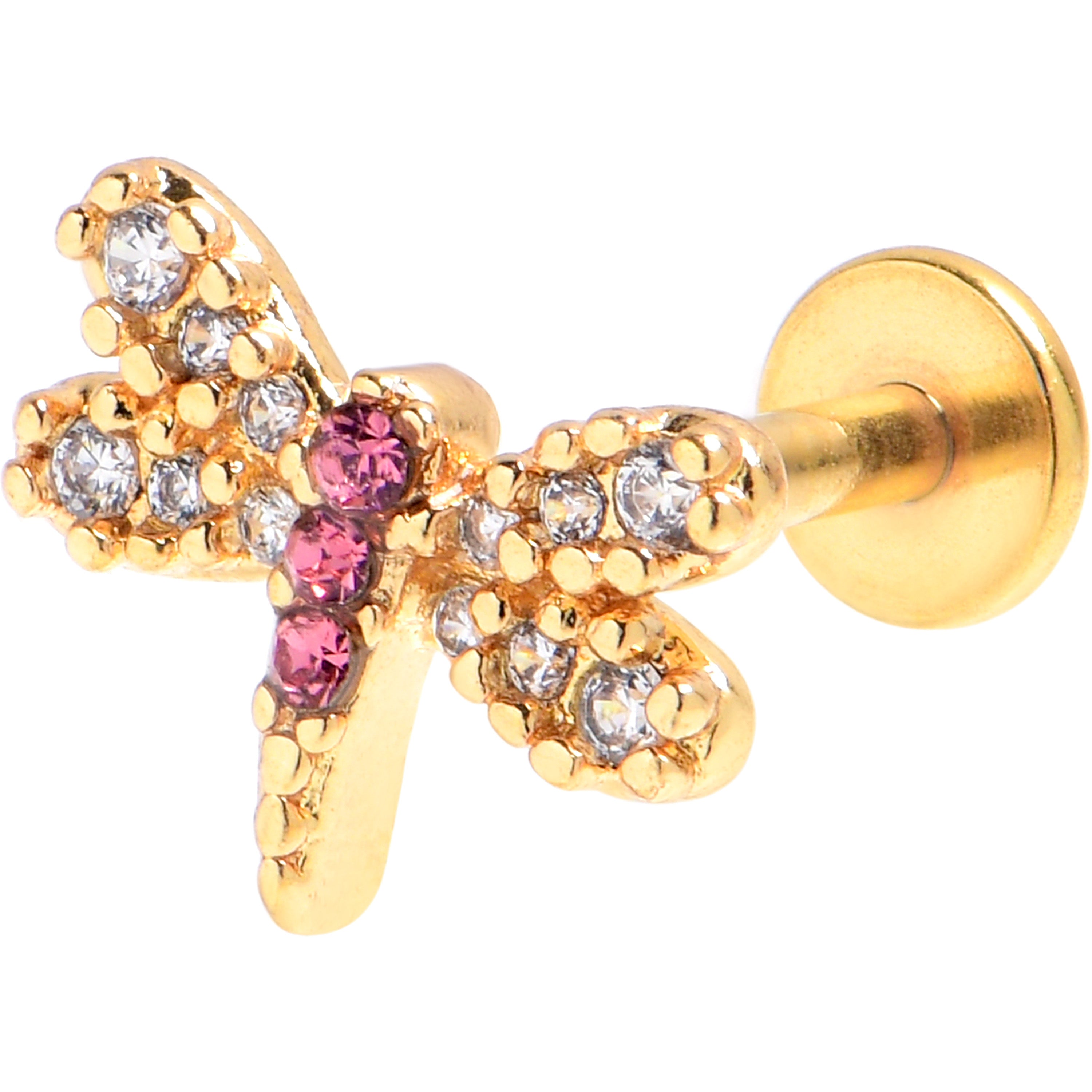 16 Gauge 5/16 Clear Pink Gem Gold Tone Dragonfly Drama Labret Tragus