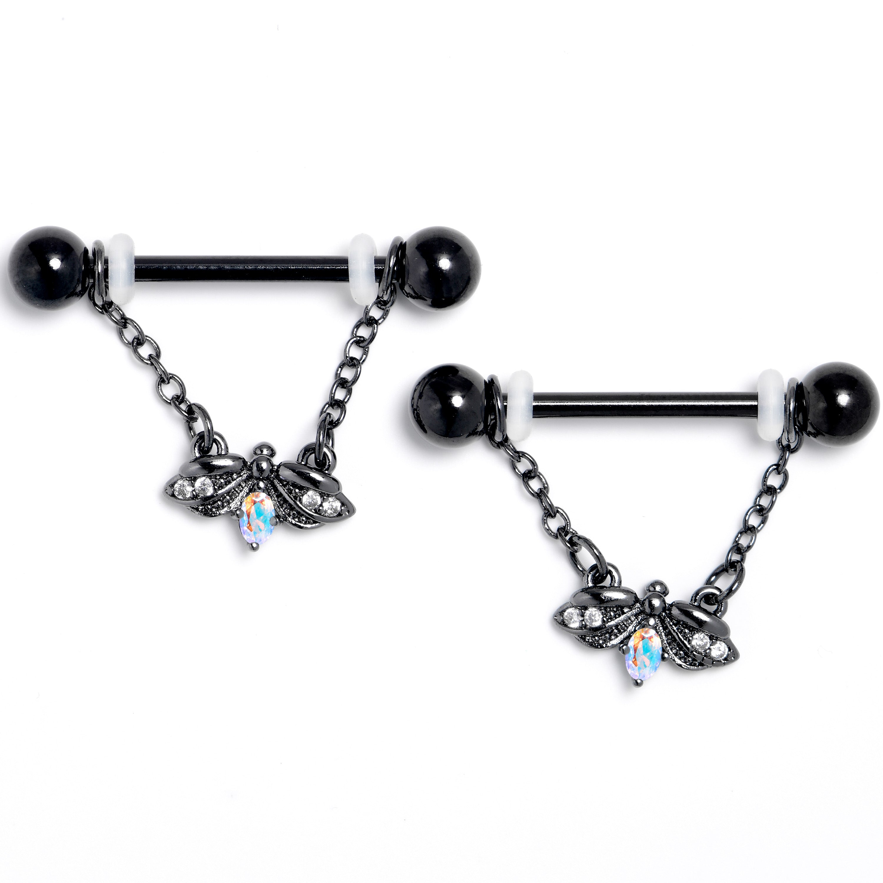 14 Gauge 9/16 Aurora Gem Black Gothic Butterfly Dangle Nipple Ring Set