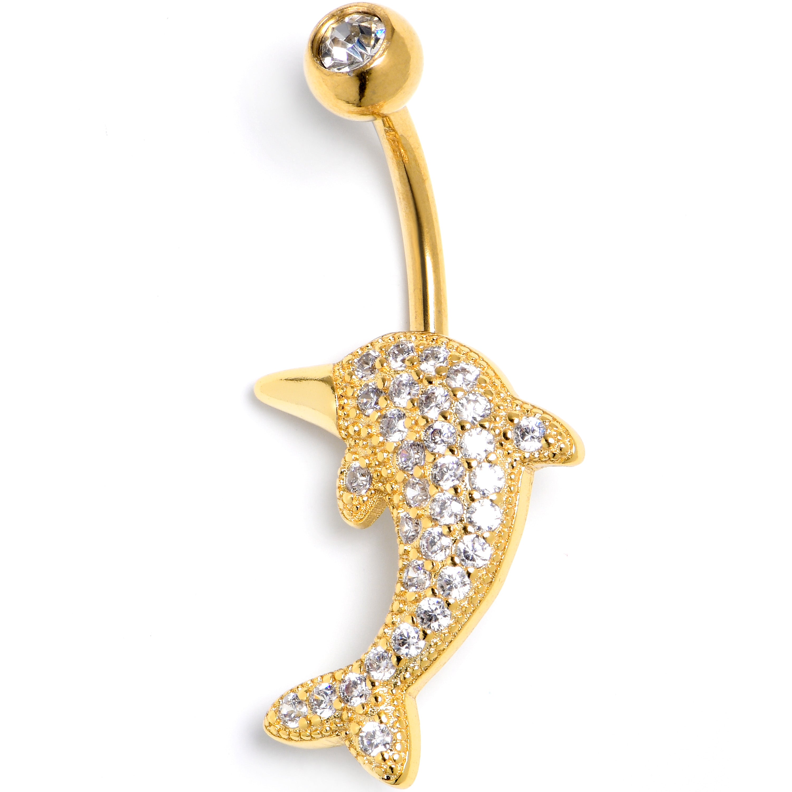 Clear CZ Gem Gold Tone Deluxe Dolphin Belly Ring