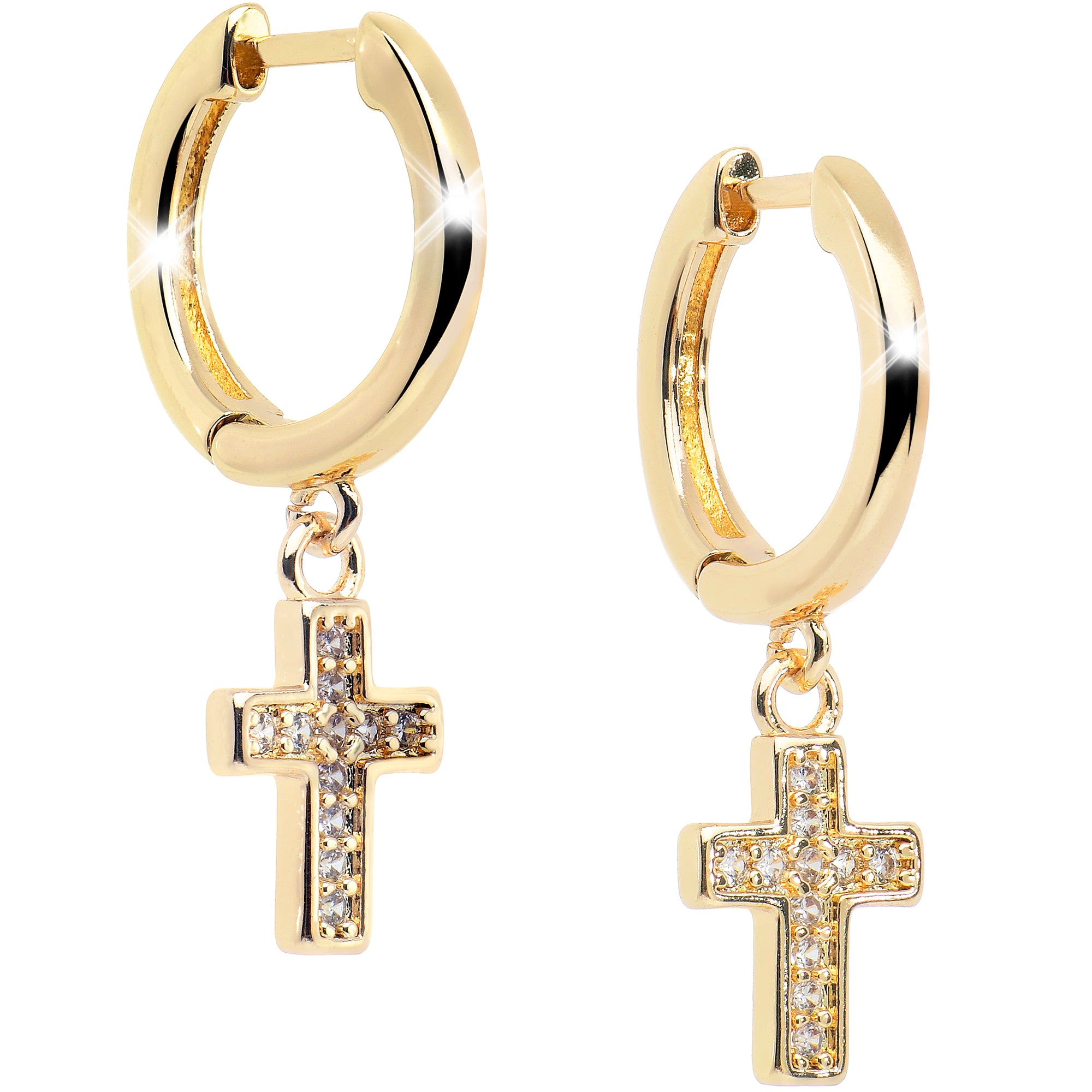 Gold Tone Stainless Steel Hinged Huggie Hoop Cross Dangle Earrings