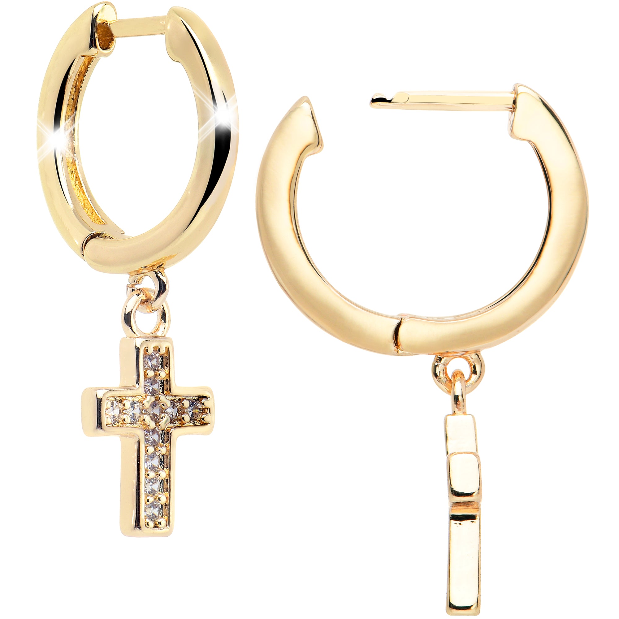 Gold Tone Stainless Steel Hinged Huggie Hoop Cross Dangle Earrings