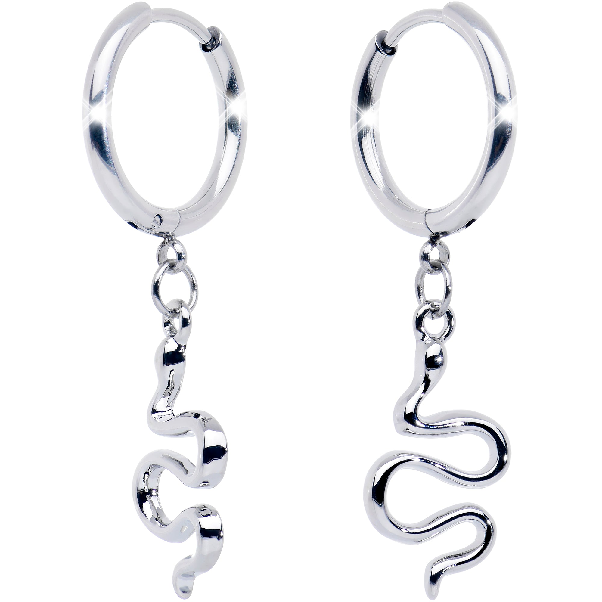 Stainless Steel Hinged Huggie Hoop Snake Dangle Earrings