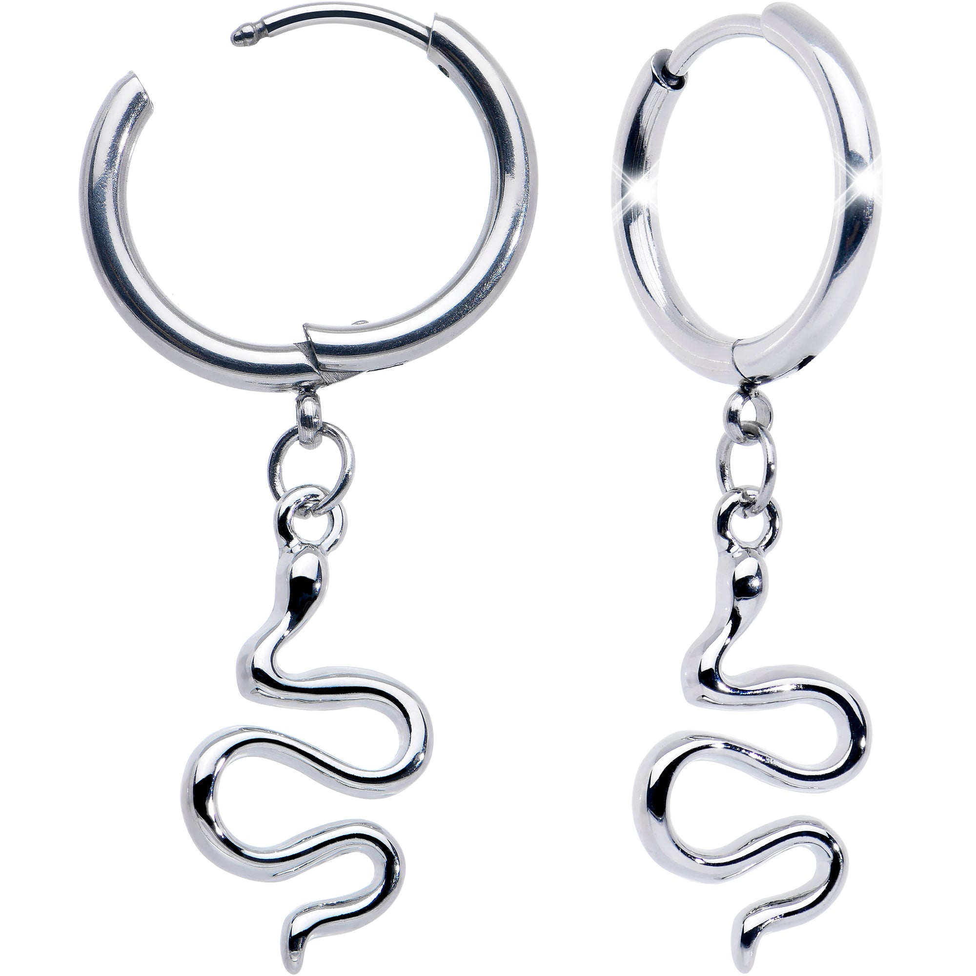 Stainless Steel Hinged Huggie Hoop Snake Dangle Earrings