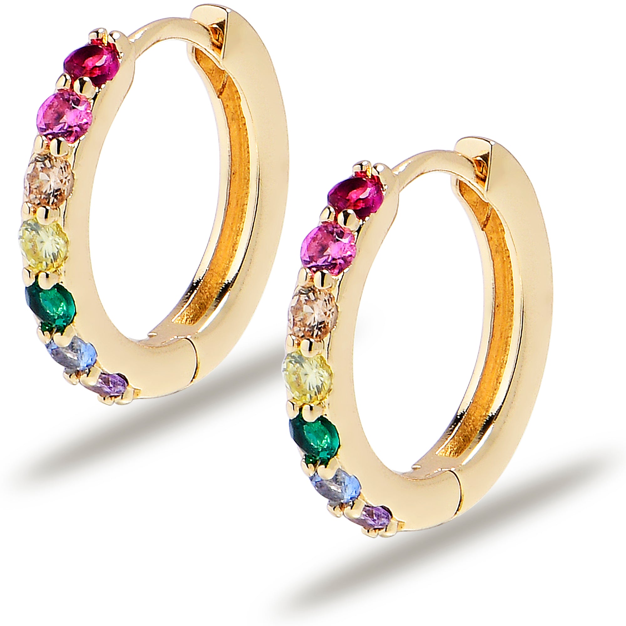 12mm Unisex Gold Tone Rainbow Gem Stainless Steel Hinged Hoop Huggie Earrings