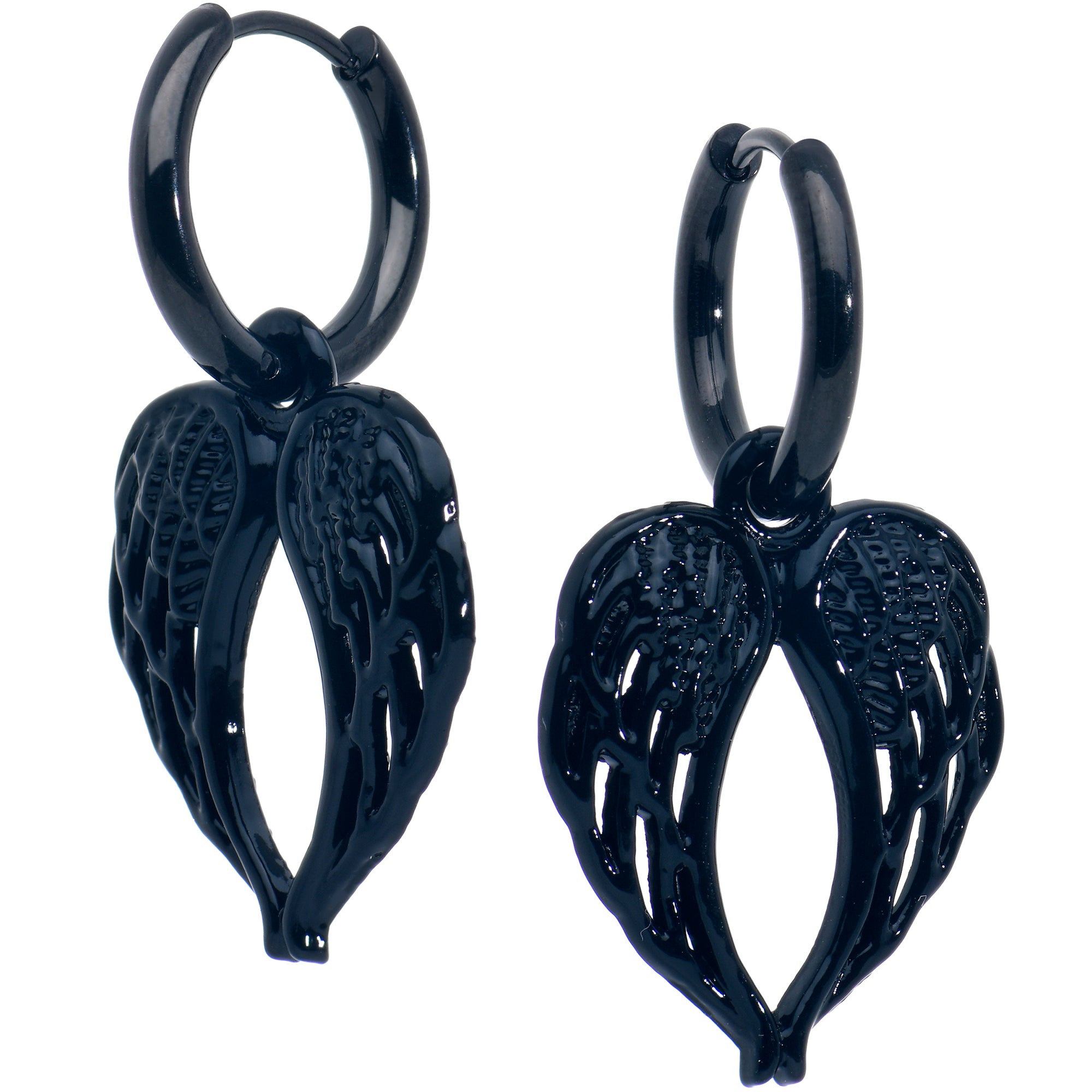 Black Anodized Steel Hinged Huggie Hoop Angel Wings Dangle Earrings