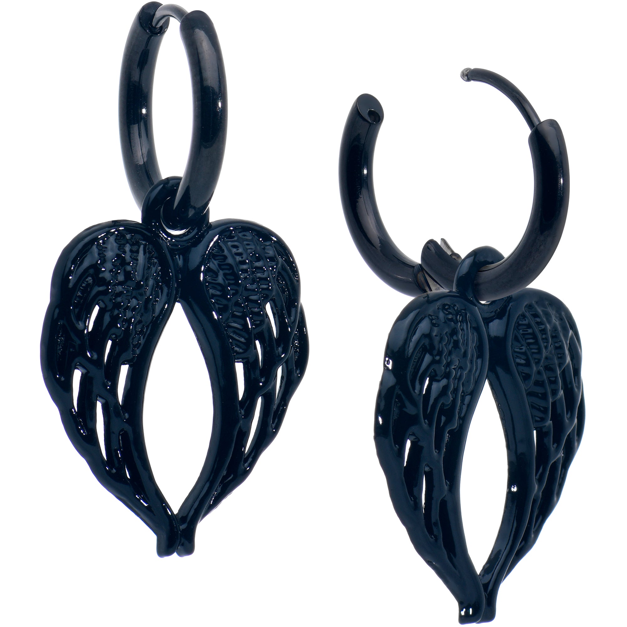 Black Anodized Steel Hinged Huggie Hoop Angel Wings Dangle Earrings