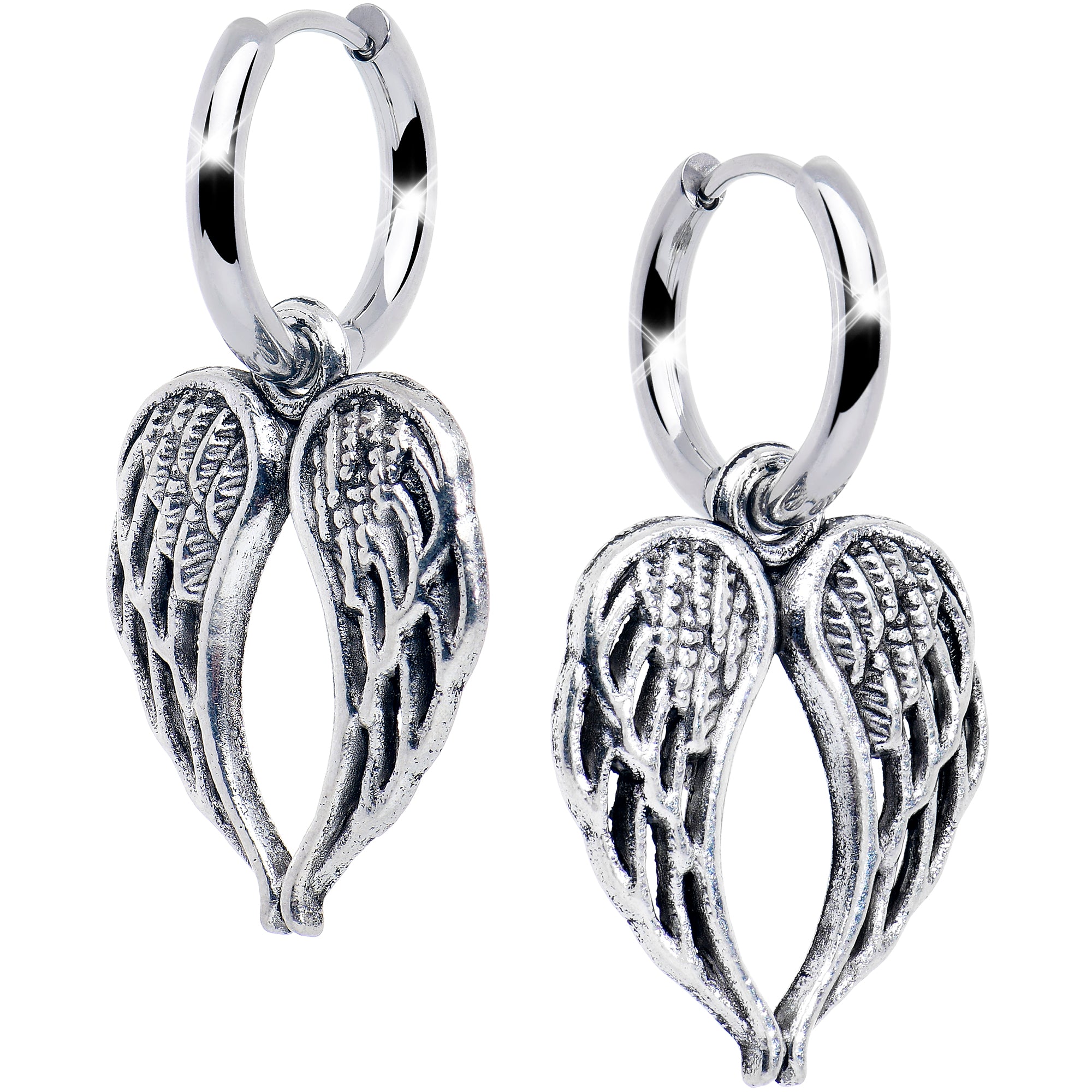 Stainless Steel Hinged Huggie Hoop Angel Wing Dangle Earrings