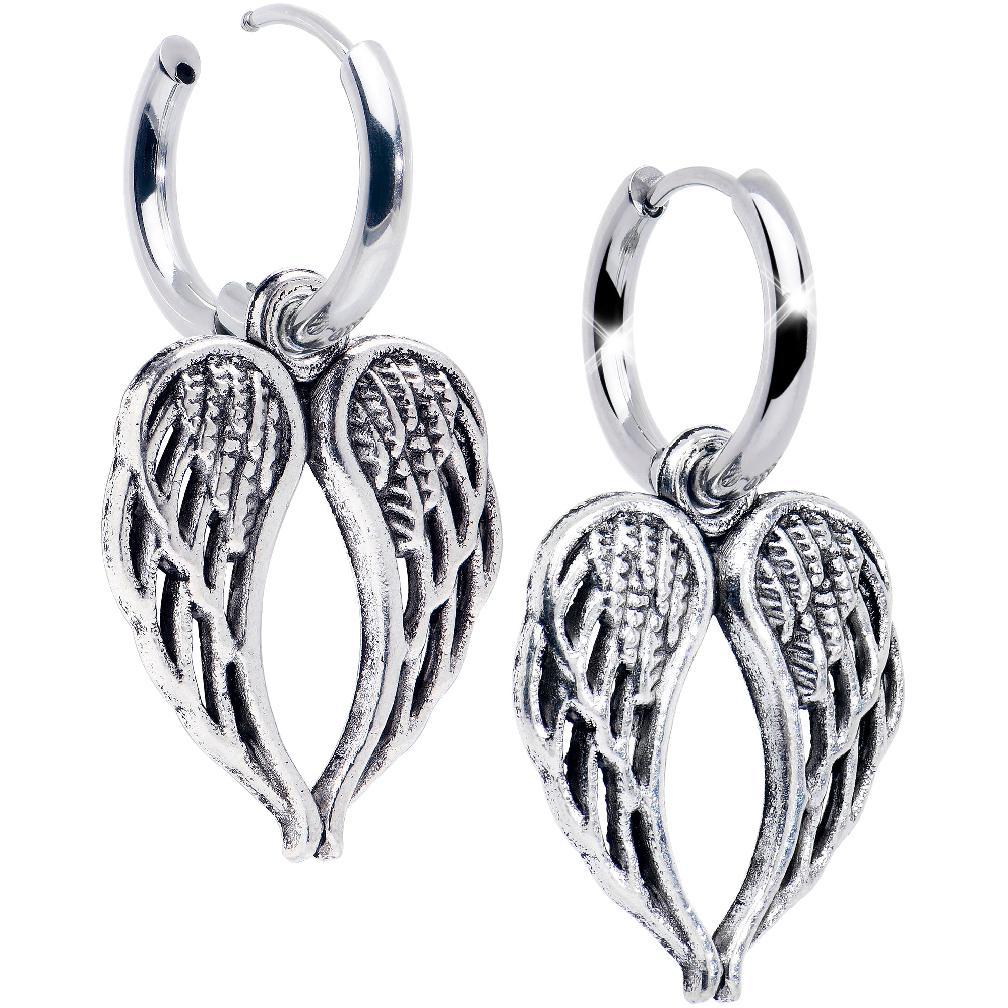 Stainless Steel Hinged Huggie Hoop Angel Wing Dangle Earrings